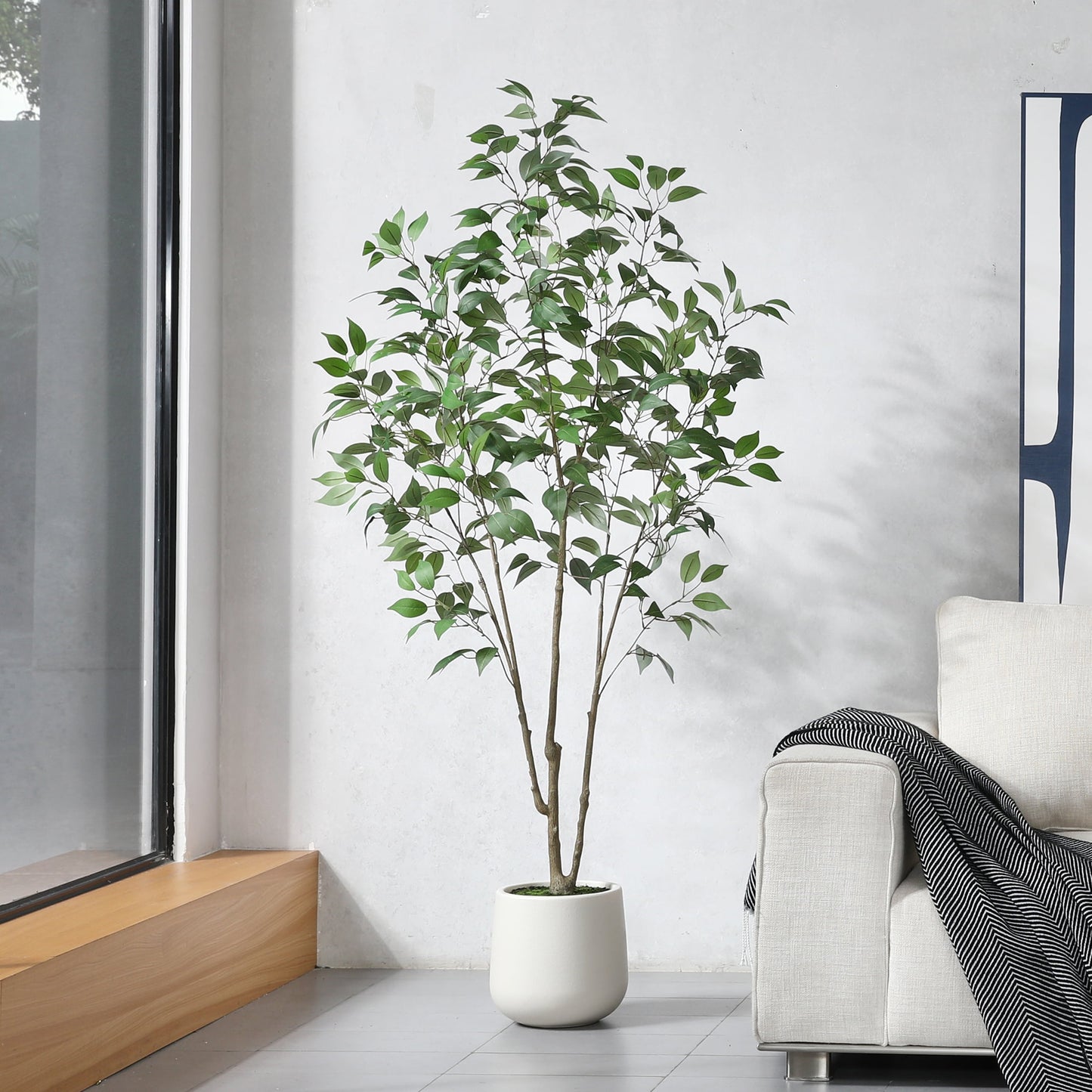 6ft Artificial Ficus Tree in Large White Round Pot, Lush Green Leaves for Home or Office Decor