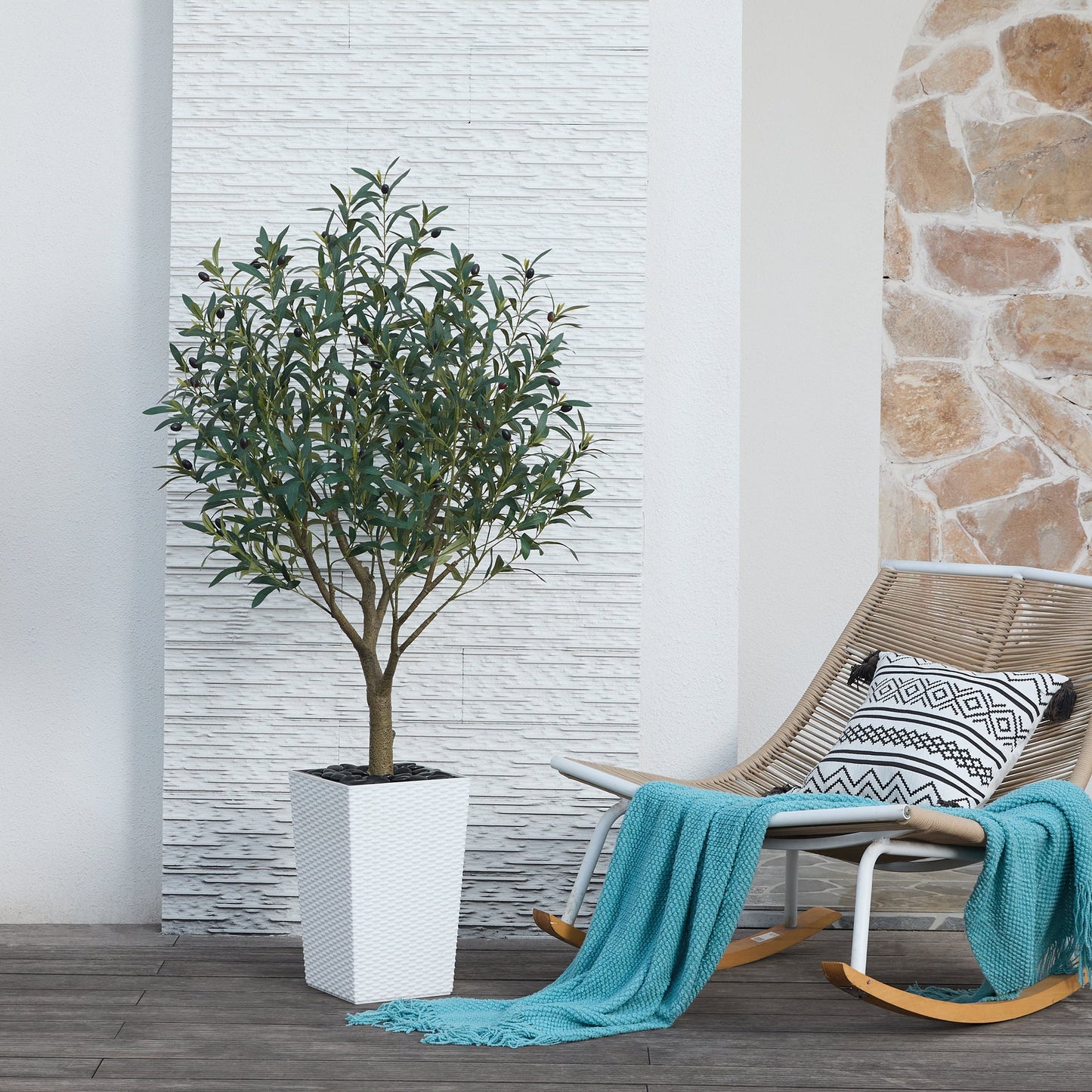 DR.Planzen UV Resistant 5ft Artificial Olive Tree in White Large Planter with Pebbles¨C Faux Olive Tree for Indoor and Outdoor Decor, Lifelike Greenery for Home & Garden Decor