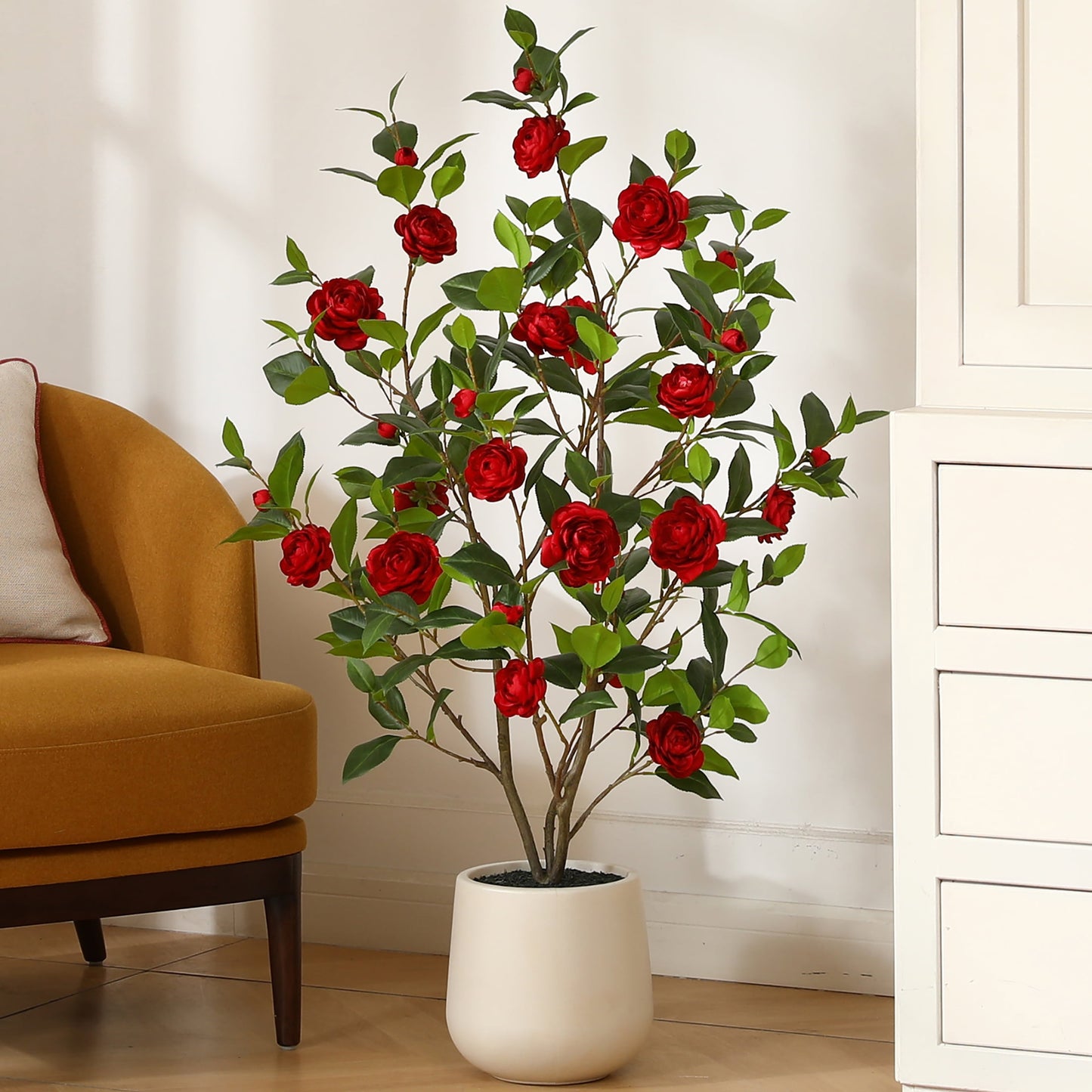 4ft Artificial Red Camellia Tree with 9 inch White Planter, Tall Fake Camellia Trees with Red Flowers, Faux Camellia Silk Plants for Indoor, Large Plants for Home Decor