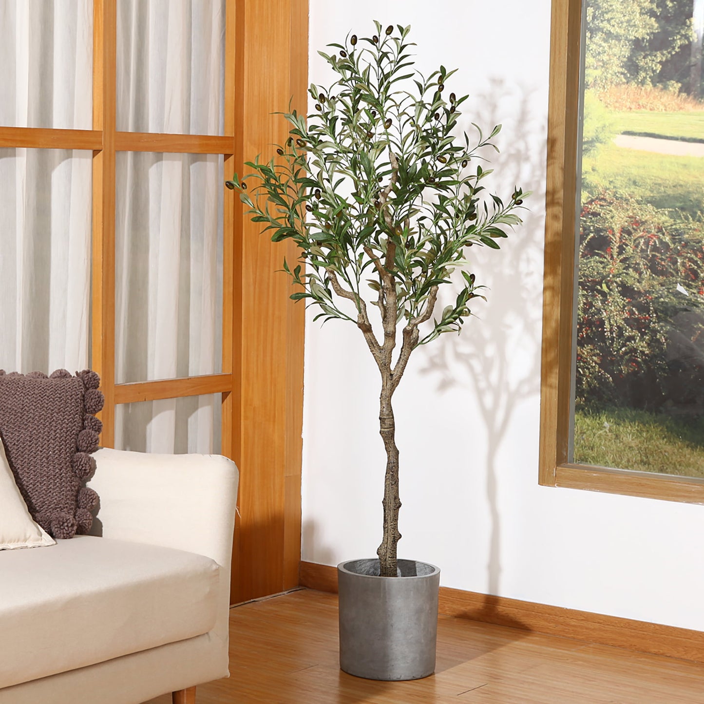 2 Pack Artificial Olive Plants, 5ft Fake Plastic Olive Tree, Pre Potted Faux Greenry Plant for Home Decor Office House Living Room Indoor Outdoor