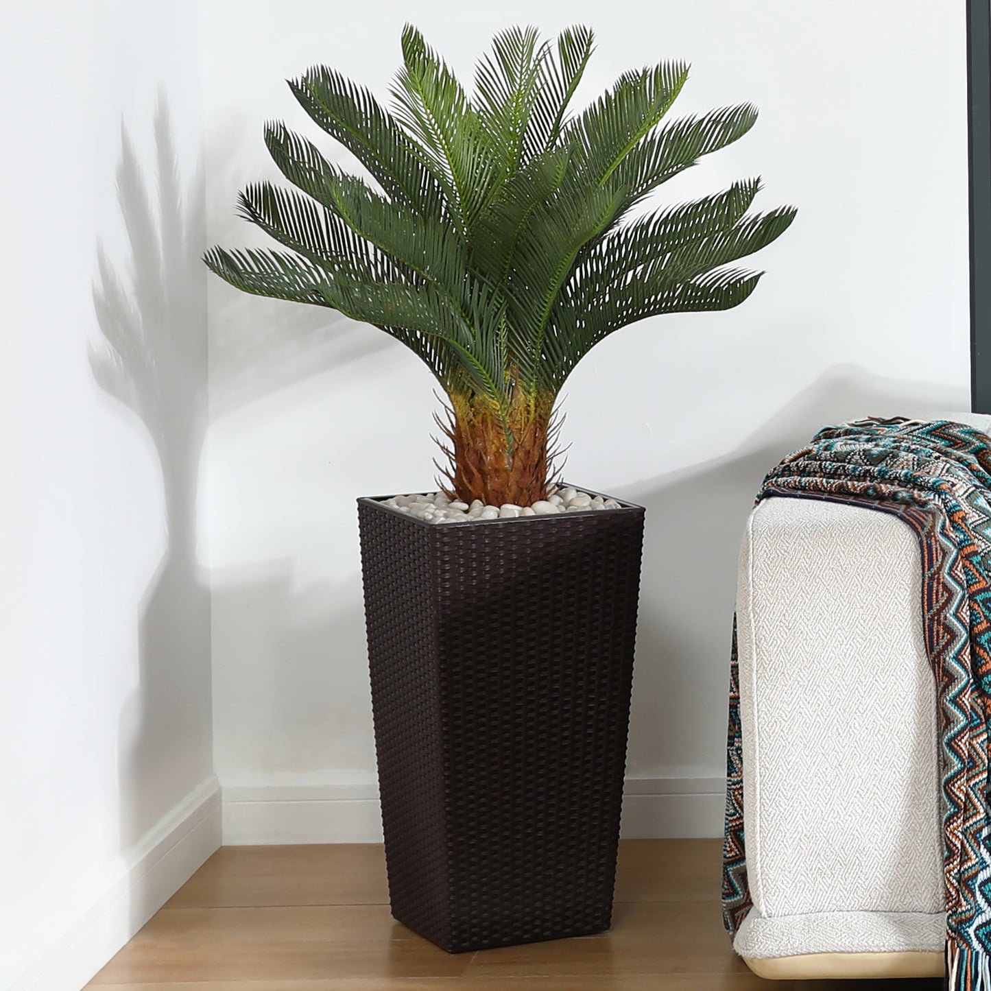 4ft UV Resistant Artificial Cycas Plant with Brown Tall Planter, Pre Potted Revoluta Sago Palm Plant (Indoor/Outdoor), Big Faux Plants Fake Plants for Office House Decor