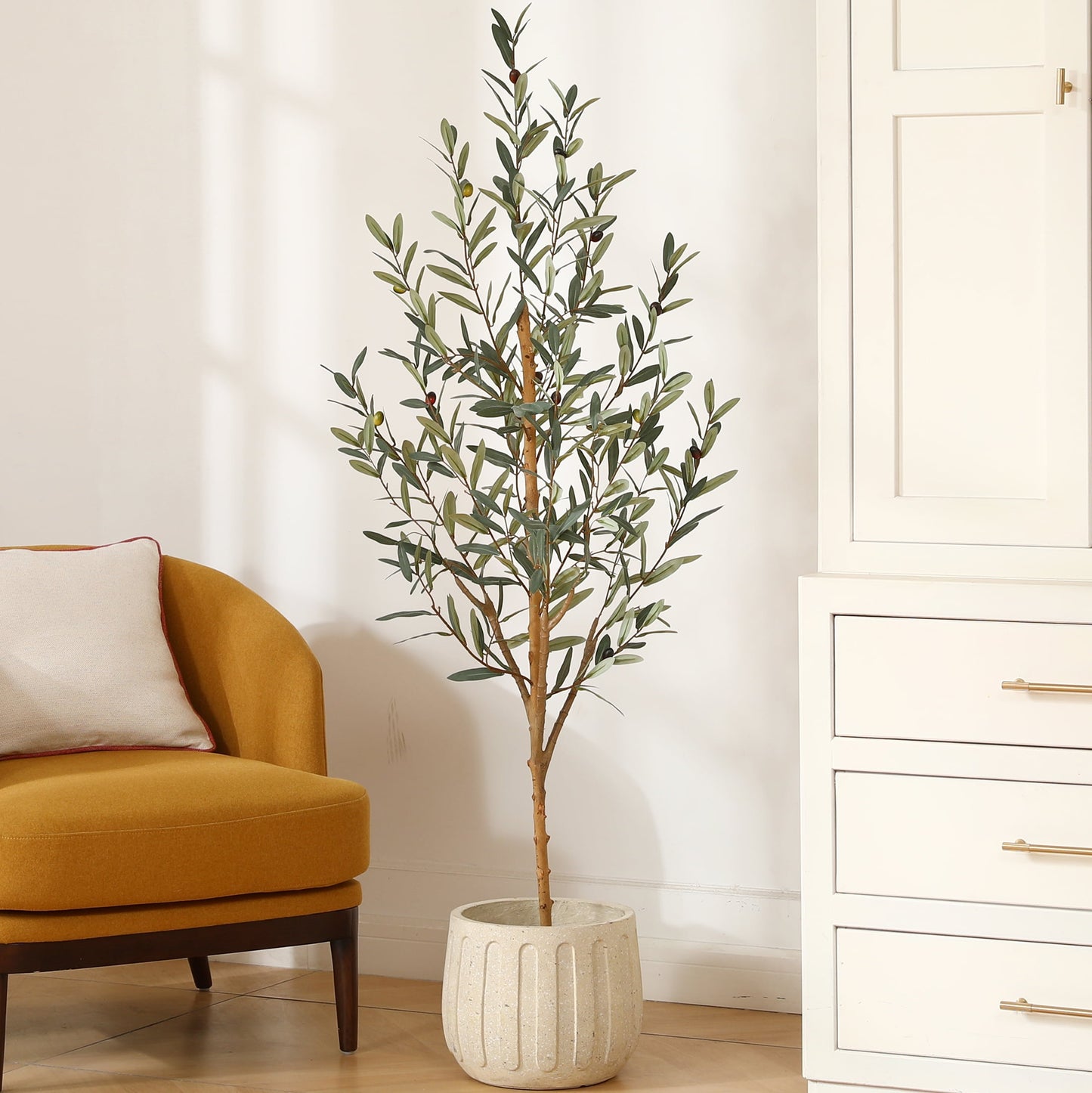 5 ft Artificial Olive Plants with Realistic Leaves and Natural Trunk, Silk Fake Potted Tree with Wood Branches and Fruits, Faux Olive Tree for Office Home Decor