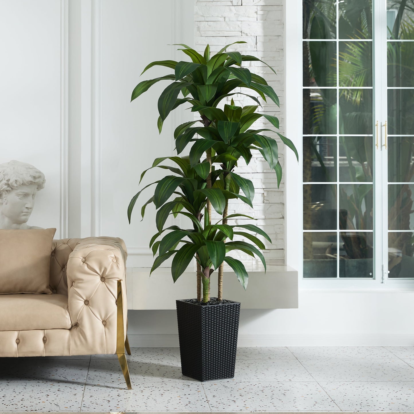 DR.Planzen Artificial Dracaena Tree 6ft - UV Protected Faux Dracaena Plant with 76 Green Leaves, Fake Tree for Indoor & Outdoor Use, Sturdy Tall White Planter with River Stones