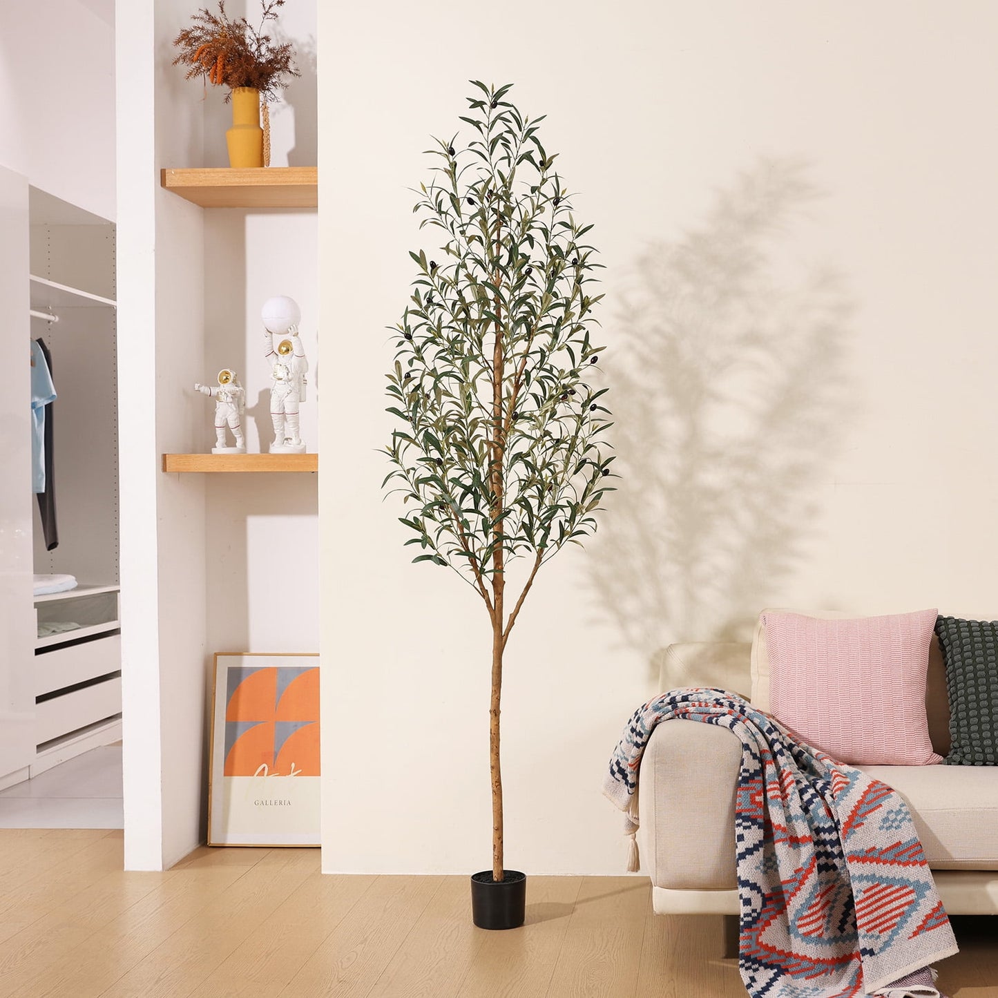 DR.Planzen Exquisite Artificial Olive Tree 7 ft Indoor Outdoor, Tall Faux Olive Tree in Black Plastic Pot, Artificial Plants with Natural Wood Trunk and Lifelike Fruits for Home Office Garden Decor