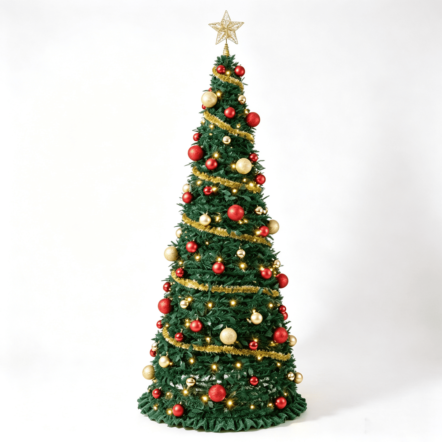 DR.Planzen 7ft Pop Up Christmas Tree with Red Ribbon, Pre-Decorated Artificial Xmas Tree with LED Lights, Foldable Collapsible with Plastic Base, Easy Assembly Holiday Decor