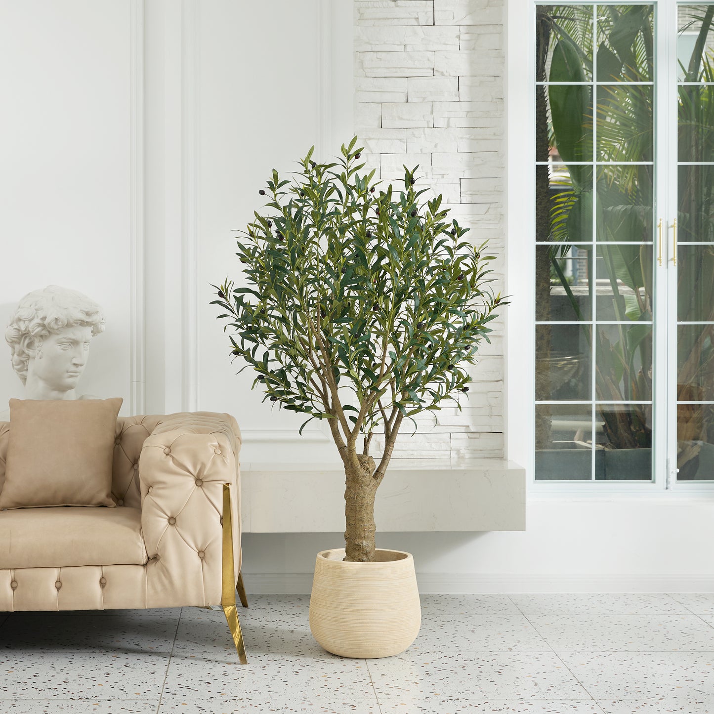 DR.Planzen 5FT Giant Artificial Olive Tree, Tall Silk Faux Olive Tree with Massive Trunk Base, Large UV Resistant Black Plastic Potted Plant for Indoor Outdoor Home Office Decor