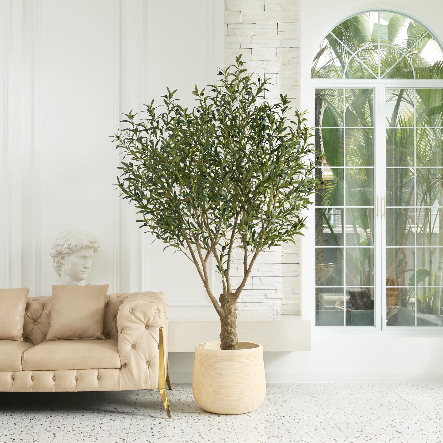 DR.Planzen 7FT Giant Artificial Olive Tree, Tall Silk Faux Olive Tree with Massive Trunk Base, Large UV Resistant Black Plastic Potted Plant for Indoor Outdoor Home Office Decor