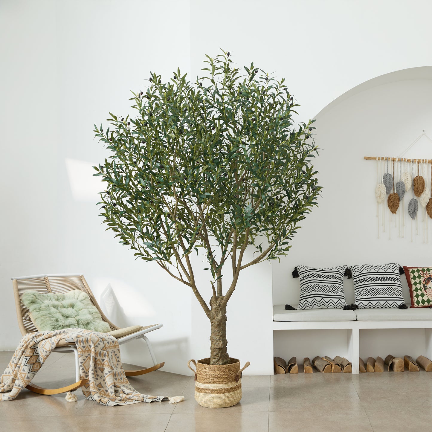 DR.Planzen 8FT Giant Artificial Olive Tree, Tall Silk Faux Olive Tree with Massive Trunk Base, Large UV Resistant Black Plastic Potted Plant for Indoor Outdoor Home Office Decor