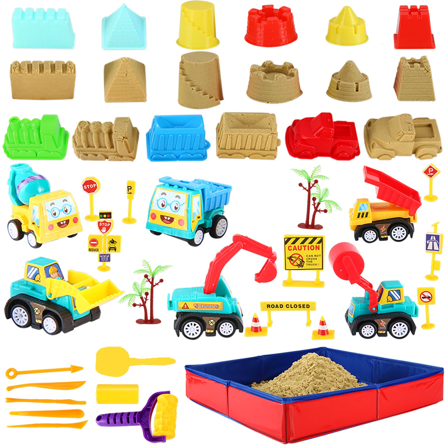 Play Construction Sand Kit - Foldable Sandbox with 2lbs Sand, 6 Mini Trucks, 10 Road Signs and Modeling Tools - Perfect Gift for Kids Ages 3+