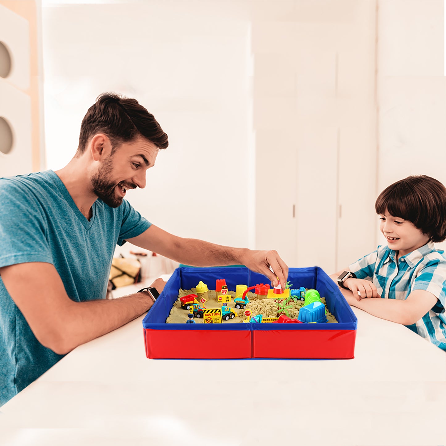 Play Construction Sand Kit - Foldable Sandbox with 2lbs Sand, 6 Mini Trucks, 10 Road Signs and Modeling Tools - Perfect Gift for Kids Ages 3+