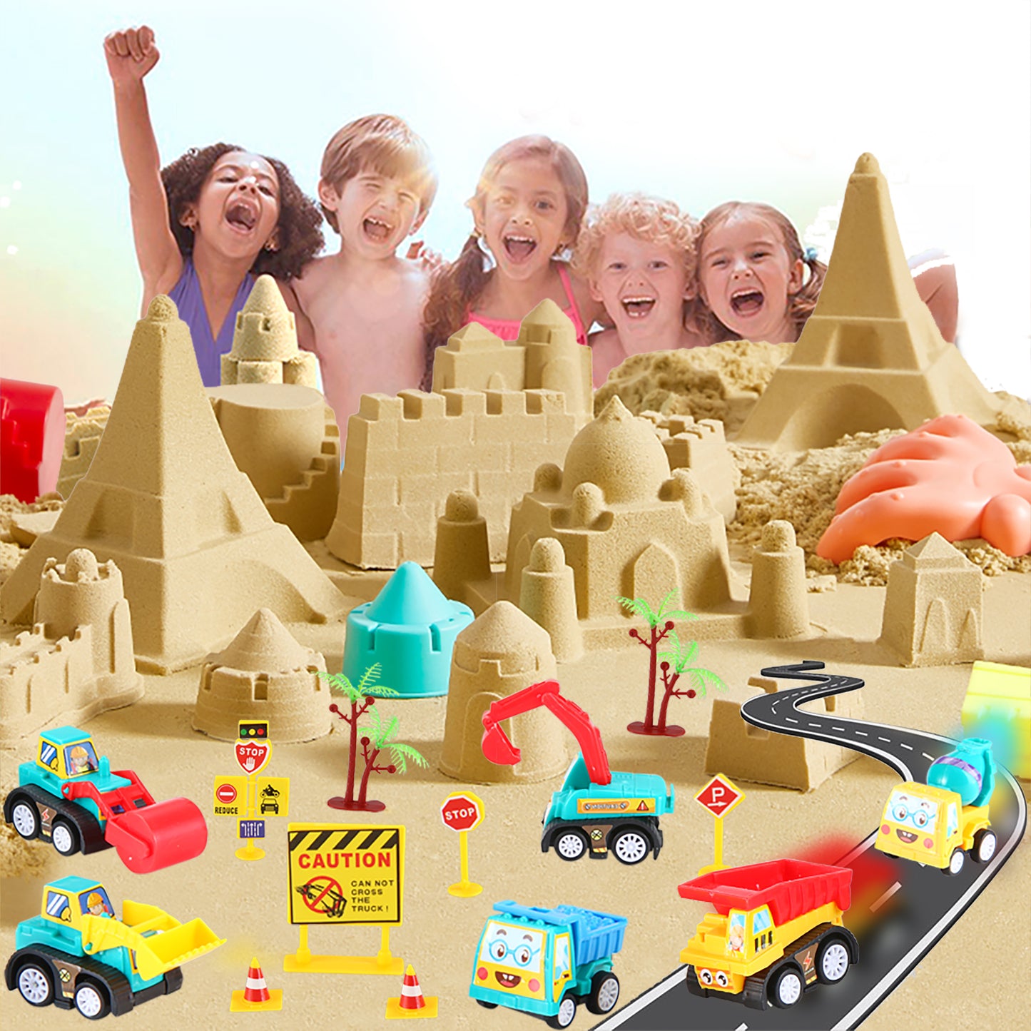 Play Construction Sand Kit - Foldable Sandbox with 2lbs Sand, 6 Mini Trucks, 10 Road Signs and Modeling Tools - Perfect Gift for Kids Ages 3+