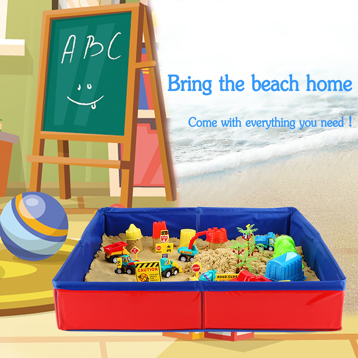 Play Construction Sand Kit - Foldable Sandbox with 2lbs Sand, 6 Mini Trucks, 10 Road Signs and Modeling Tools - Perfect Gift for Kids Ages 3+