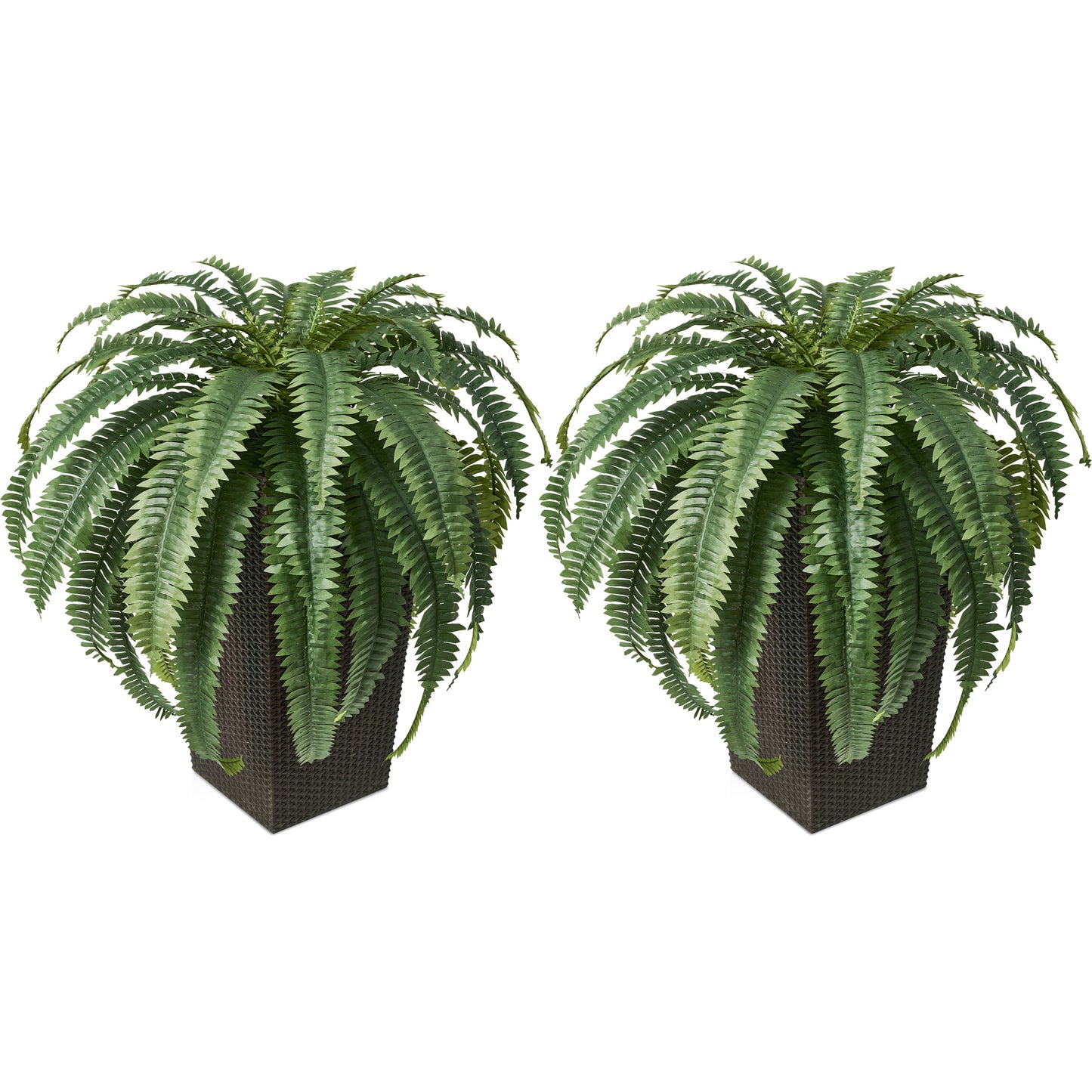 DR.Planzen 2 Pack Artificial Boston Fern Bush Plant with Brown Tapered Planter - UV Resistant Faux Ferns with 39 Leaves