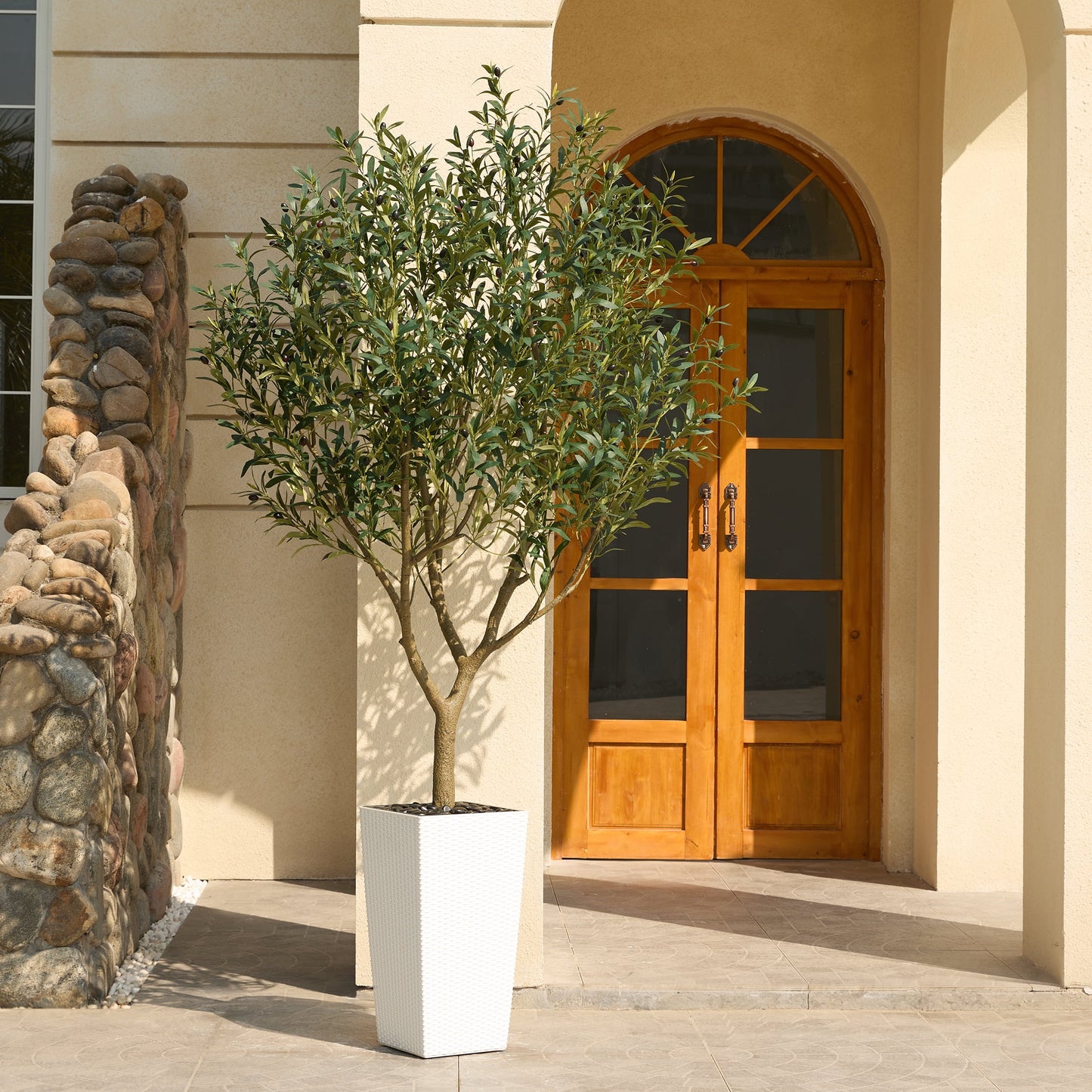 DR.Planzen UV Resistant 8ft Artificial Olive Tree in White Large Planter with Pebbles¨C Faux Olive Tree for Indoor and Outdoor Decor, Lifelike Greenery for Home & Garden Decor