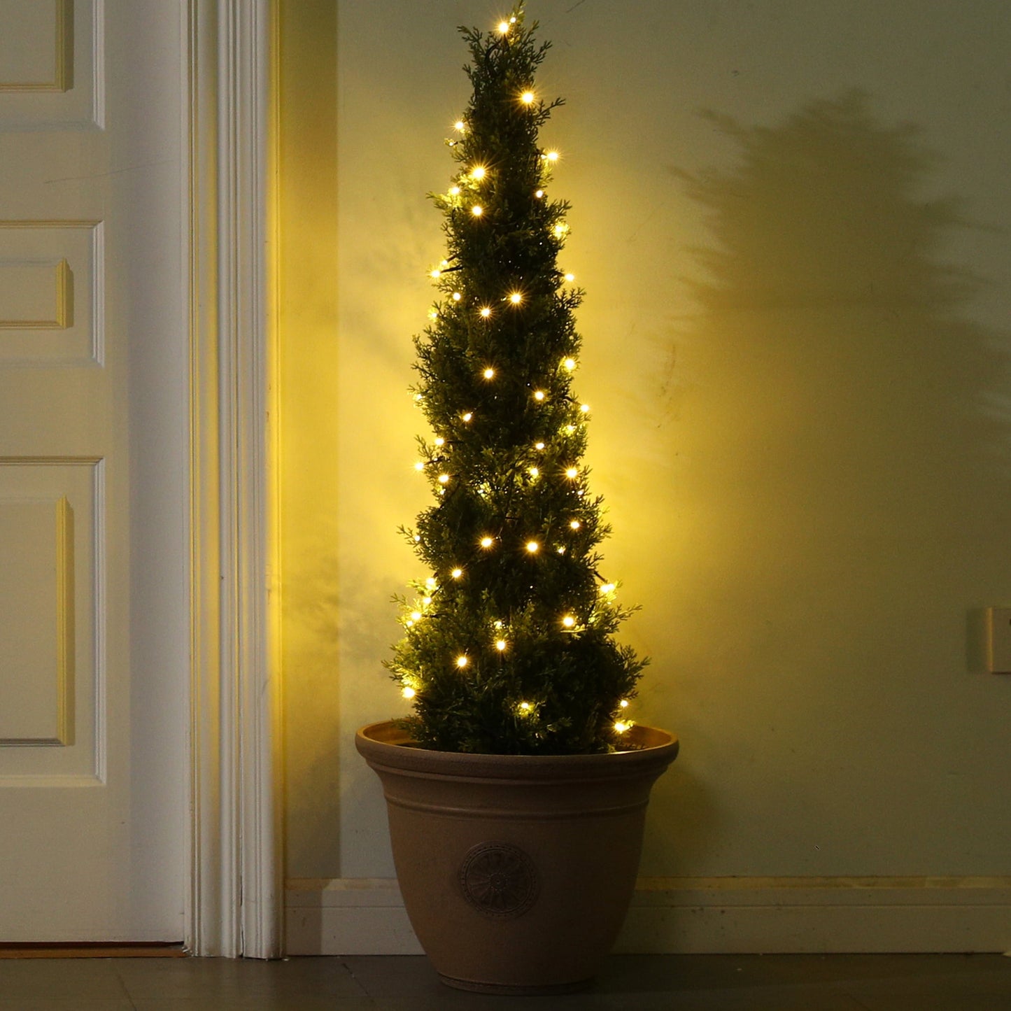 4ft Artificial Cedar Topiary Trees for Outdoors, Fake Cypress Plants with Solar Light String, Faux uv resistant Plants for Home Front Porch Decor, Housewarming Gift