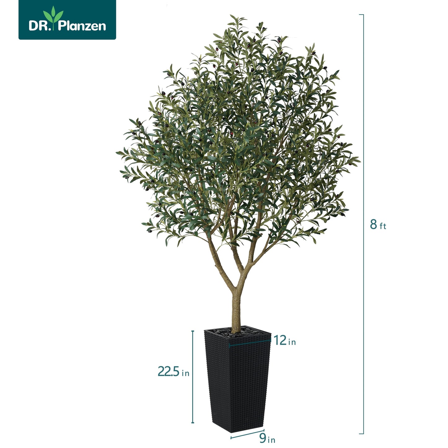 DR.Planzen UV Resistant 8ft Artificial Olive Tree in Black Large Planter with Pebbles¨C Faux Olive Tree for Indoor and Outdoor Decor, Lifelike Greenery for Home & Garden Decor