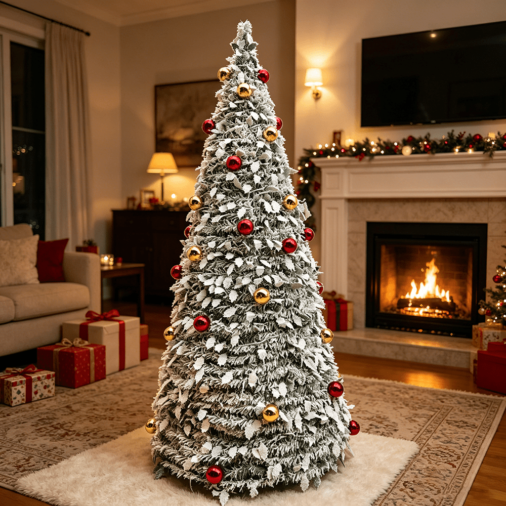 7 ft Flocked Christmas Tree with Lights - Artificial Christmas Tree, Foldable Snow Christmas Tree, Prelit Xmas Tree with Ornaments and Plastic Stand for Indoor Holiday Decorations