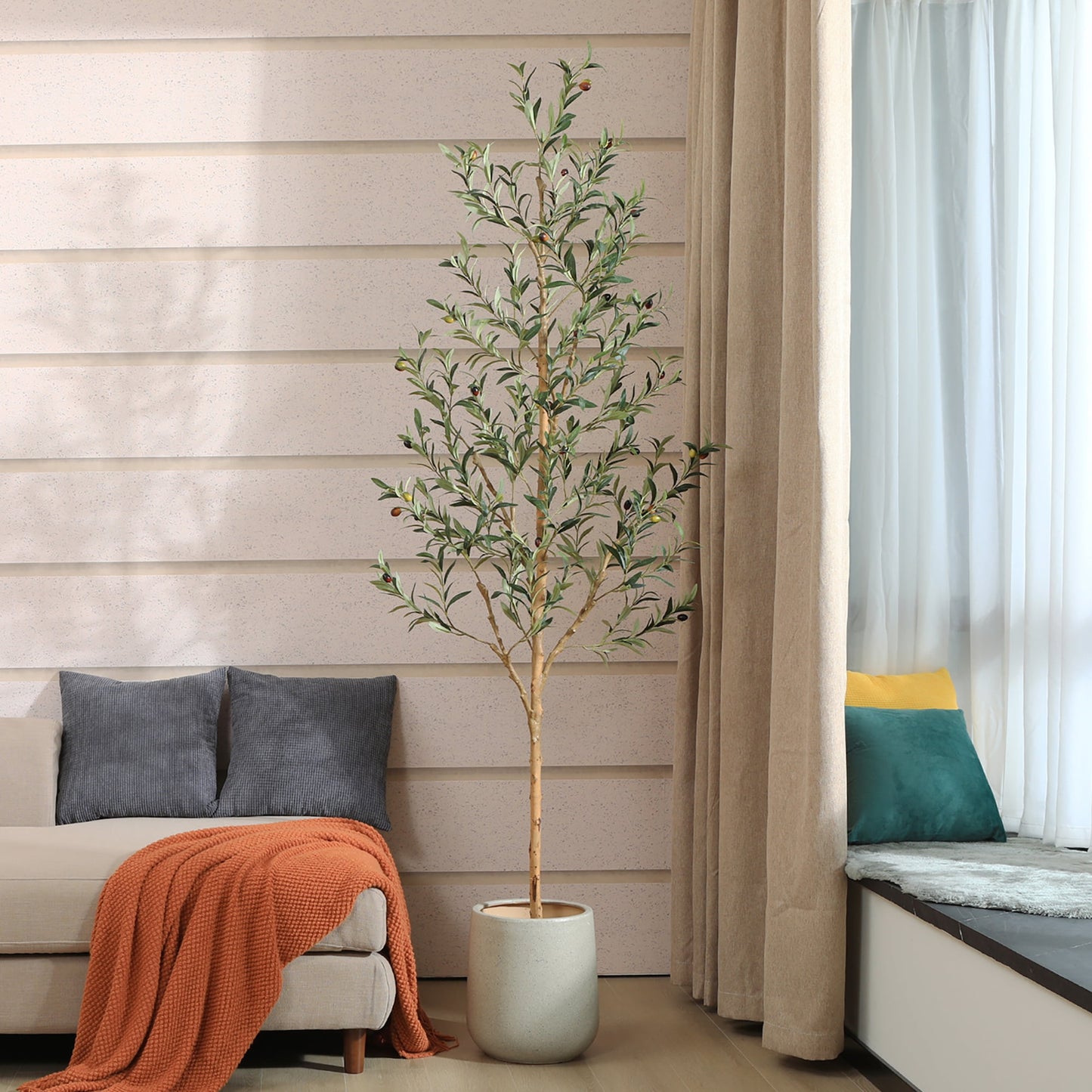 DR.Planzen 2 Pack 7ft Artificial Olive Tree Indoor, Tall Faux Olive Tree, Artificial Plants with Natural Wood Trunk and Lifelike Fruits for Home Office Decor