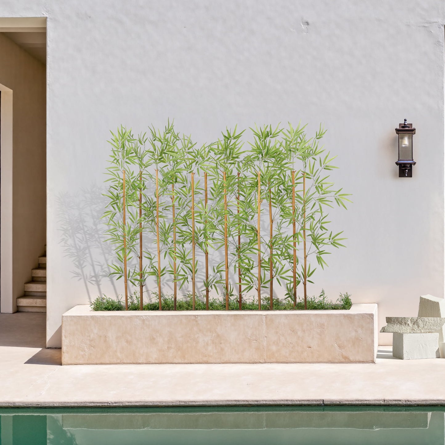 12 Pack 5FT Artificial Bamboo Privacy Screen - Faux Bamboo Plant Outdoor with Real Bamboo Poles, UV Resistant Dense Leaves Tall Fake Bamboo Fence Cover for Patio Backyard Balcony Wall Decor