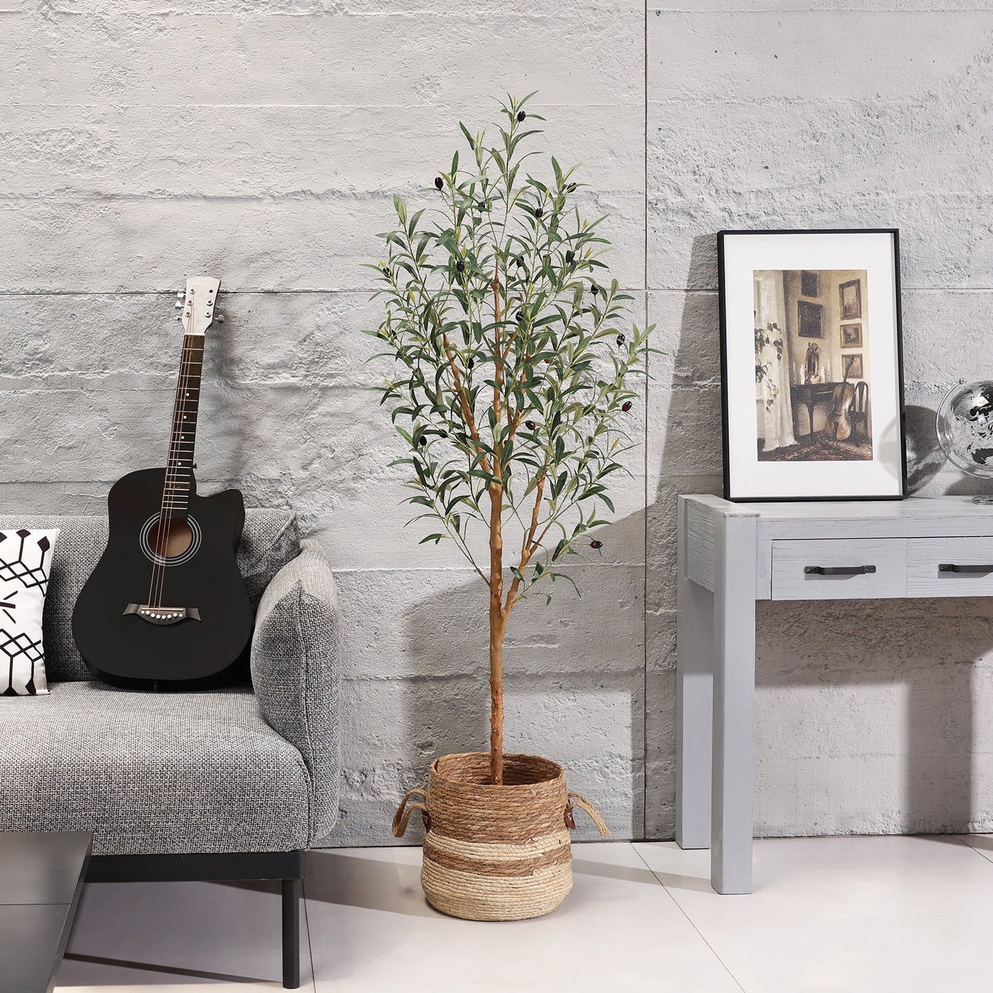 DR.Planzen Exquisite Artificial Olive Tree 5 ft Indoor Outdoor, Tall Faux Olive Tree in Black Plastic Pot, Artificial Plants with Natural Wood Trunk and Lifelike Fruits for Home Office Garden Decor