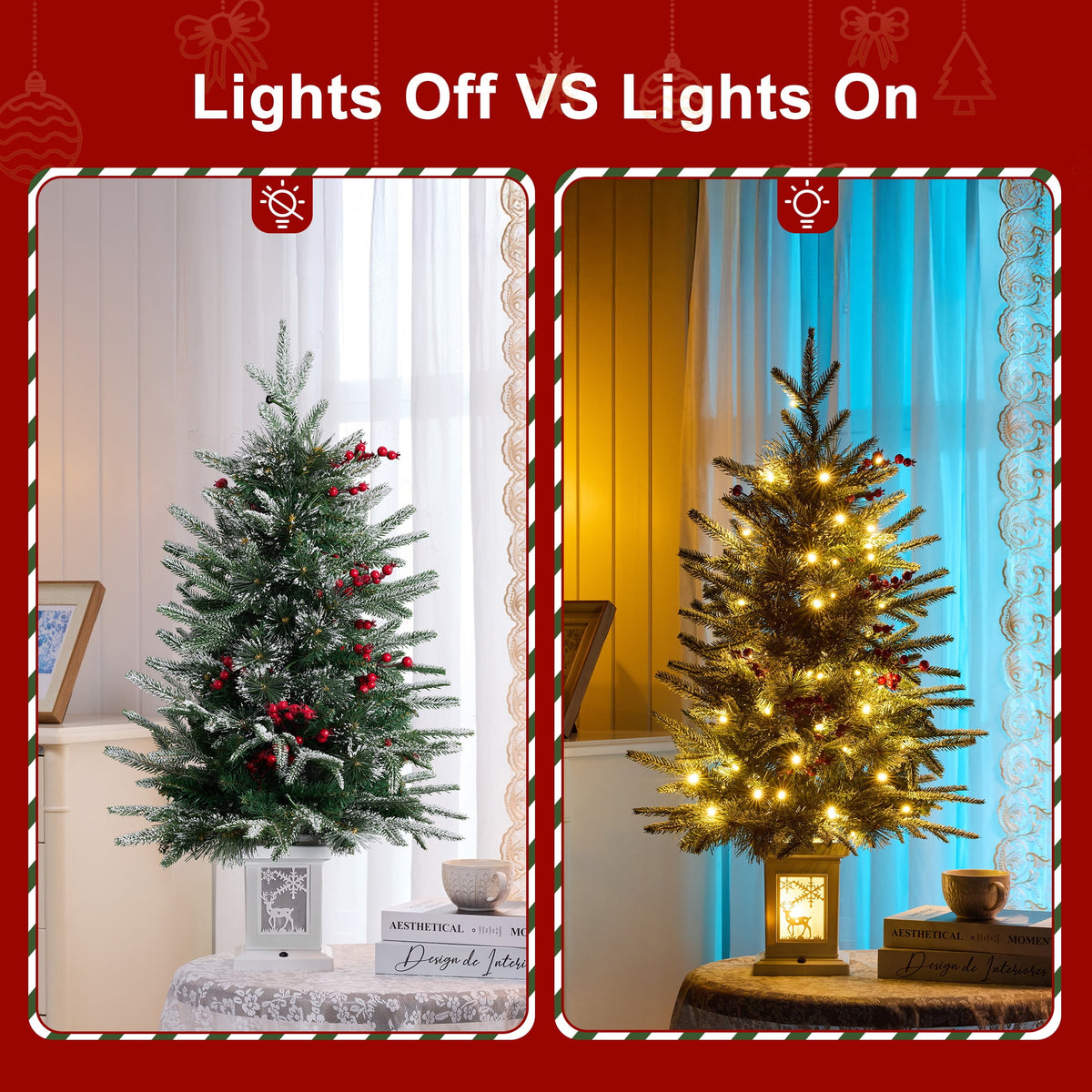 DR.Planzen 3 FT Pre-Lit Flocked Christmas Tree, 78 Warm White LEDs, 8 Light Modes & Timer, Artificial Tree with Lighted White Pedestal Base