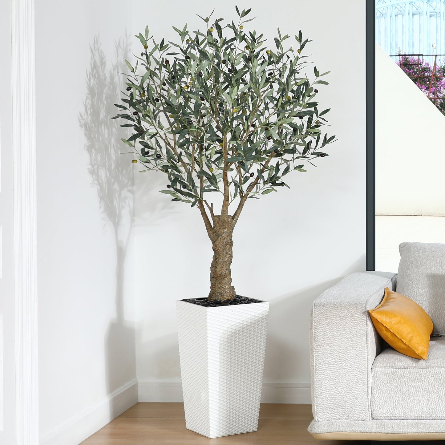 6ft UV Resistant Artificial Olive Tree with White Tall Planter, Pre Potted Fake Olive Tree for Indoor Outdoor Home Decor, Big Faux Plants Fake Plants for Office House Decor