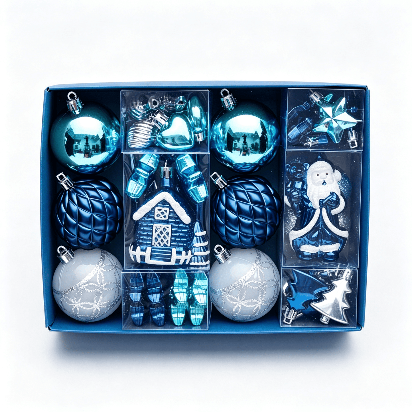 DR.Planzen 44ct Blue & White Christmas Ornaments Set, Assorted 2.36" & 1.18" Embossed Glazed Holiday Balls with Snowflakes & Stars, Indoor Winter Decor