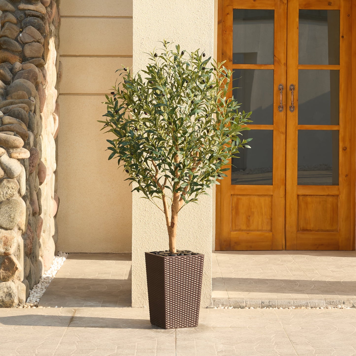DR.Planzen UV Resistant 5ft Artificial Olive Tree with Natural Wood Branches and Realistic Silk Leaves,Faux Olive Tree for Indoor and Outdoor Decor - Brown Large Planter with Pebbles