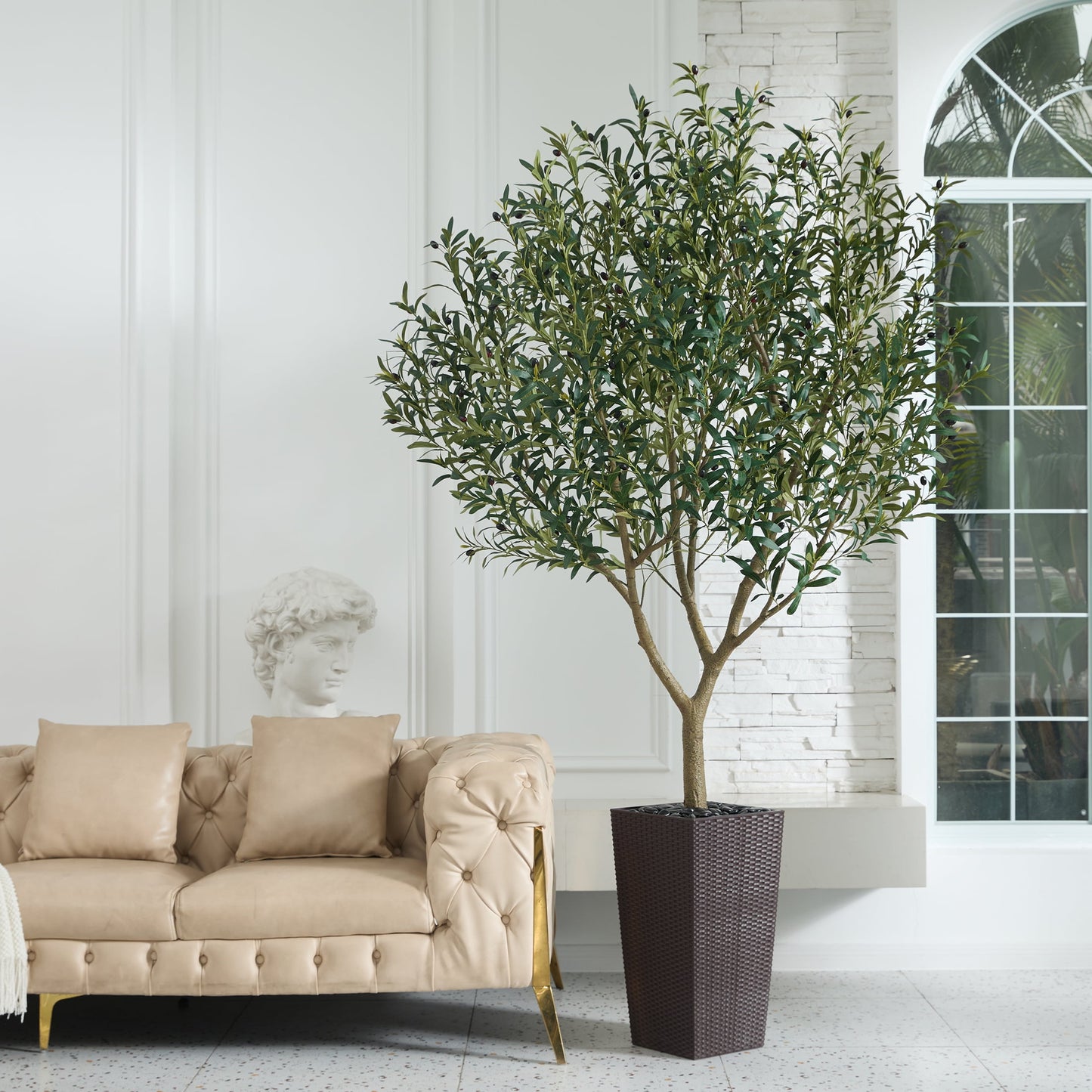 DR.Planzen UV Resistant 8ft Artificial Olive Tree in Brown Large Planter with Pebbles¨C Faux Olive Tree for Indoor and Outdoor Decor, Lifelike Greenery for Home & Garden Decor