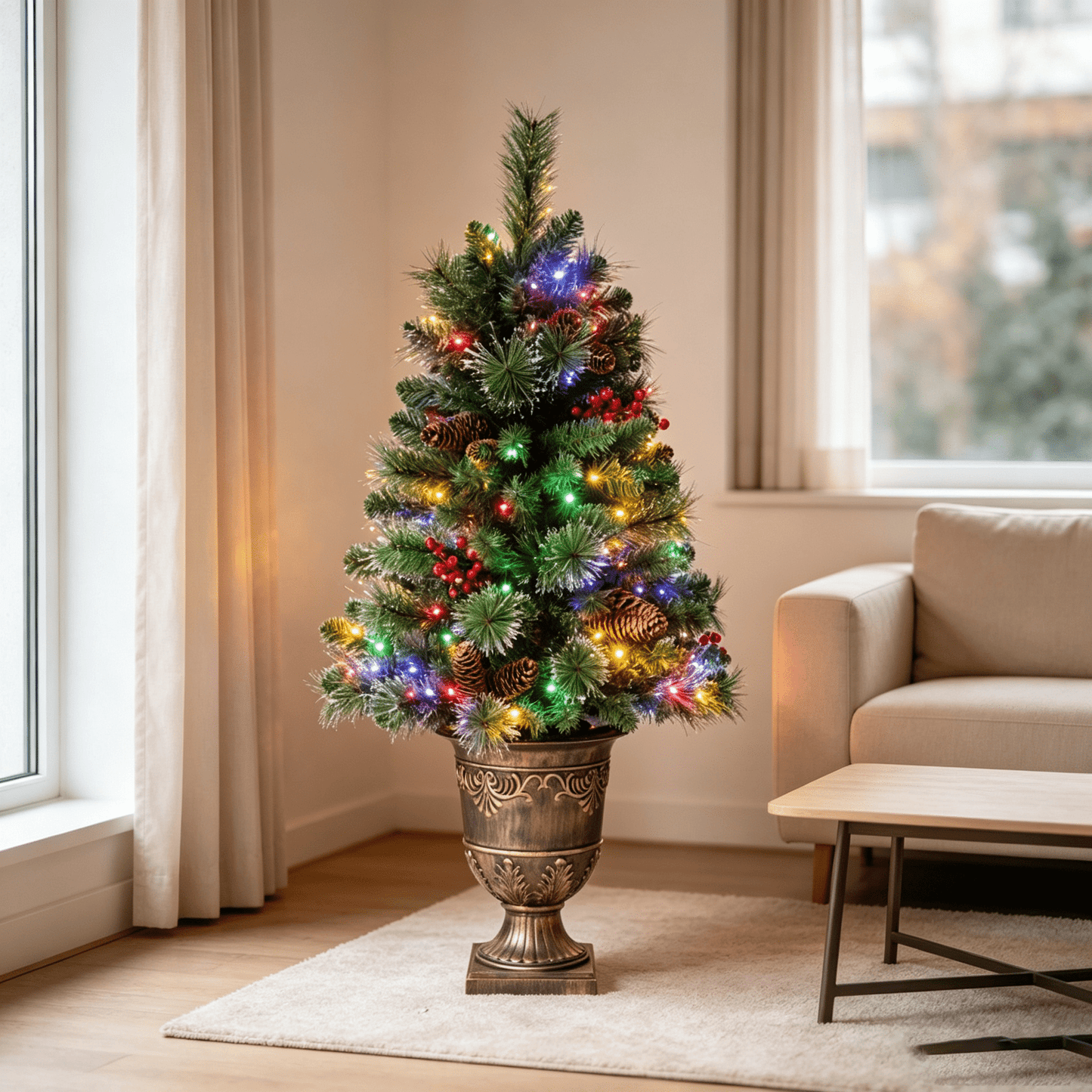 DR.Planzen 4ft Pencil Artificial Christmas Tree with Red Berries, Pine Cones & Flocked Branches, Pre-Decorated Slim Xmas Tree in Decorative Vase, Indoor Tabletop Holiday Decor, 1 Pack