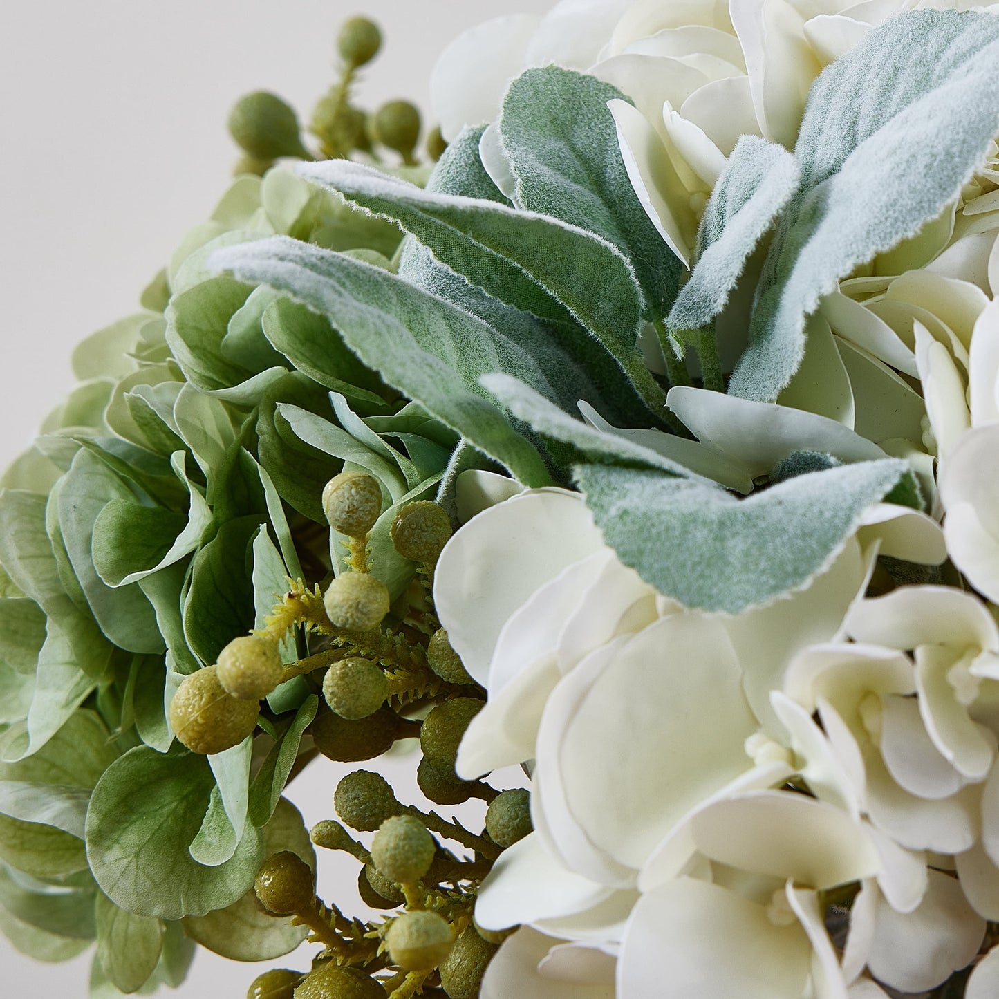 DR.Planzen Artificial Hydrangea Arrangement in Glass Vase, 8 Branches with White Flowers & Green Fruit, 12" Low-Maintenance Floral Centerpiece for Tabletop Home Office Decor