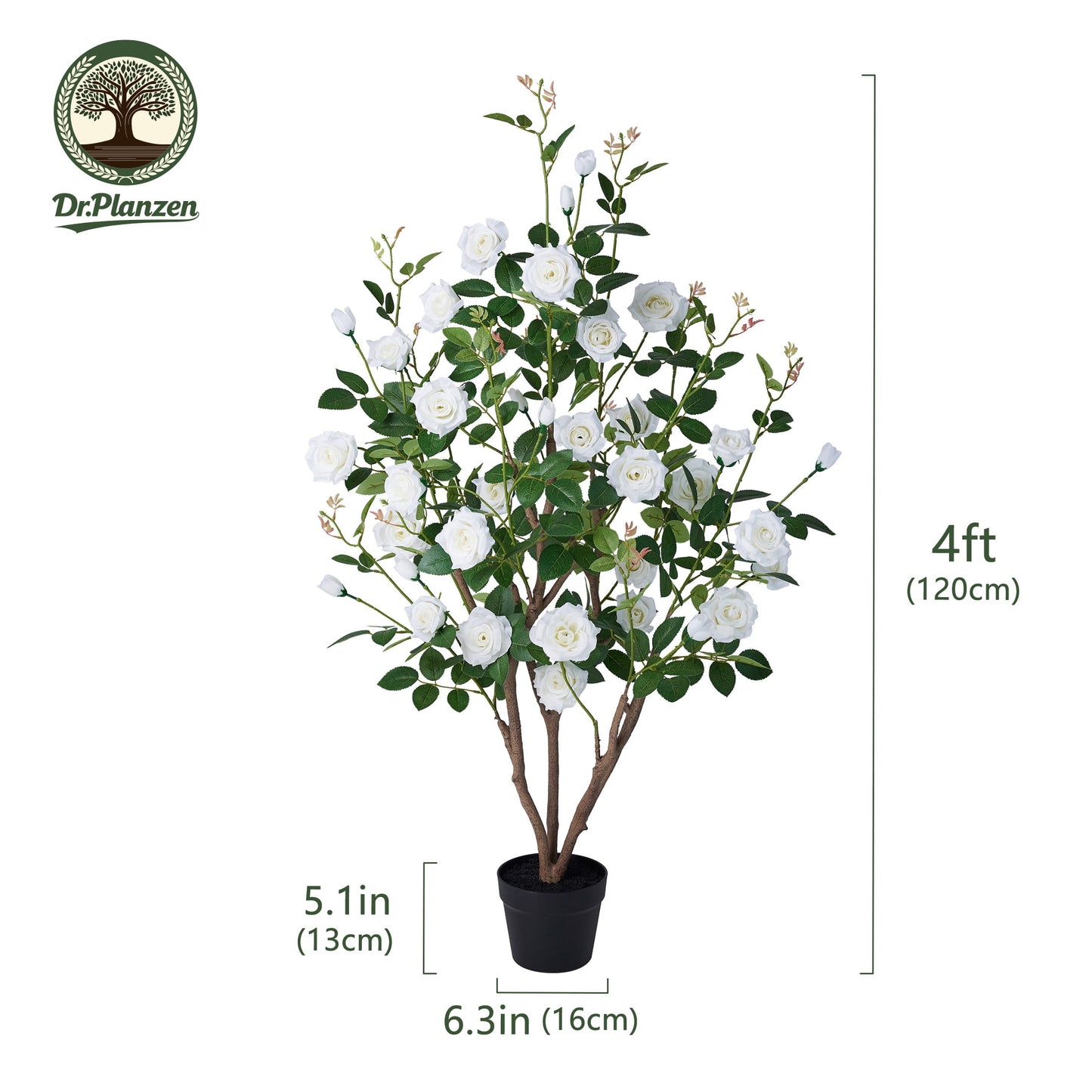 DR.Planzen 4ft Artificial White Rose Tree with Green Leaves, Lifelike Faux Rose Flower Tree for Home Decor Indoor Outdoor, Living Room Office Decoration