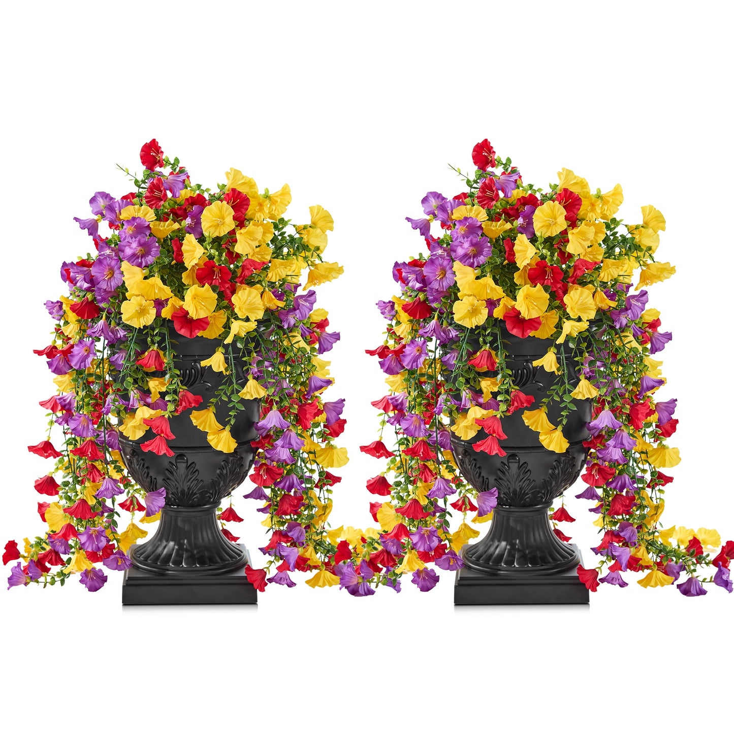 Artificial Hanging Flowers in Black Urn Planter, 2 Pack 26in Faux Morning Glory Flowers, Fake Hanging Plants, Artificial Flowers, Hanging Flowers with 333 Blooms - Front Porch Patio Decor