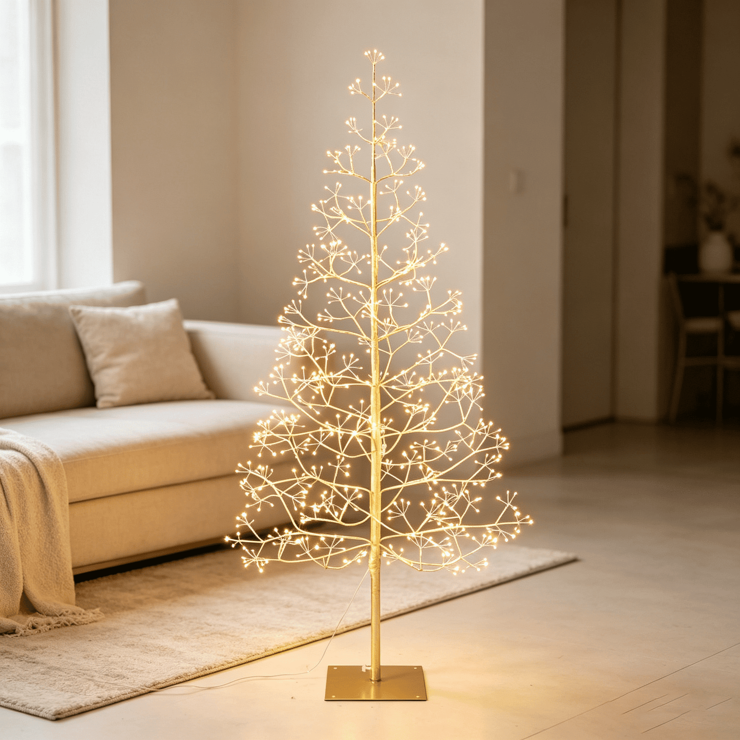 DR.Planzen 5ft Pre-Lit Starburst Artificial Christmas Tree with 650 Warm White Twinkling LED Lights, Slim Gold Tinsel Xmas Tree with Metal Base, Indoor Outdoor Holiday Decor
