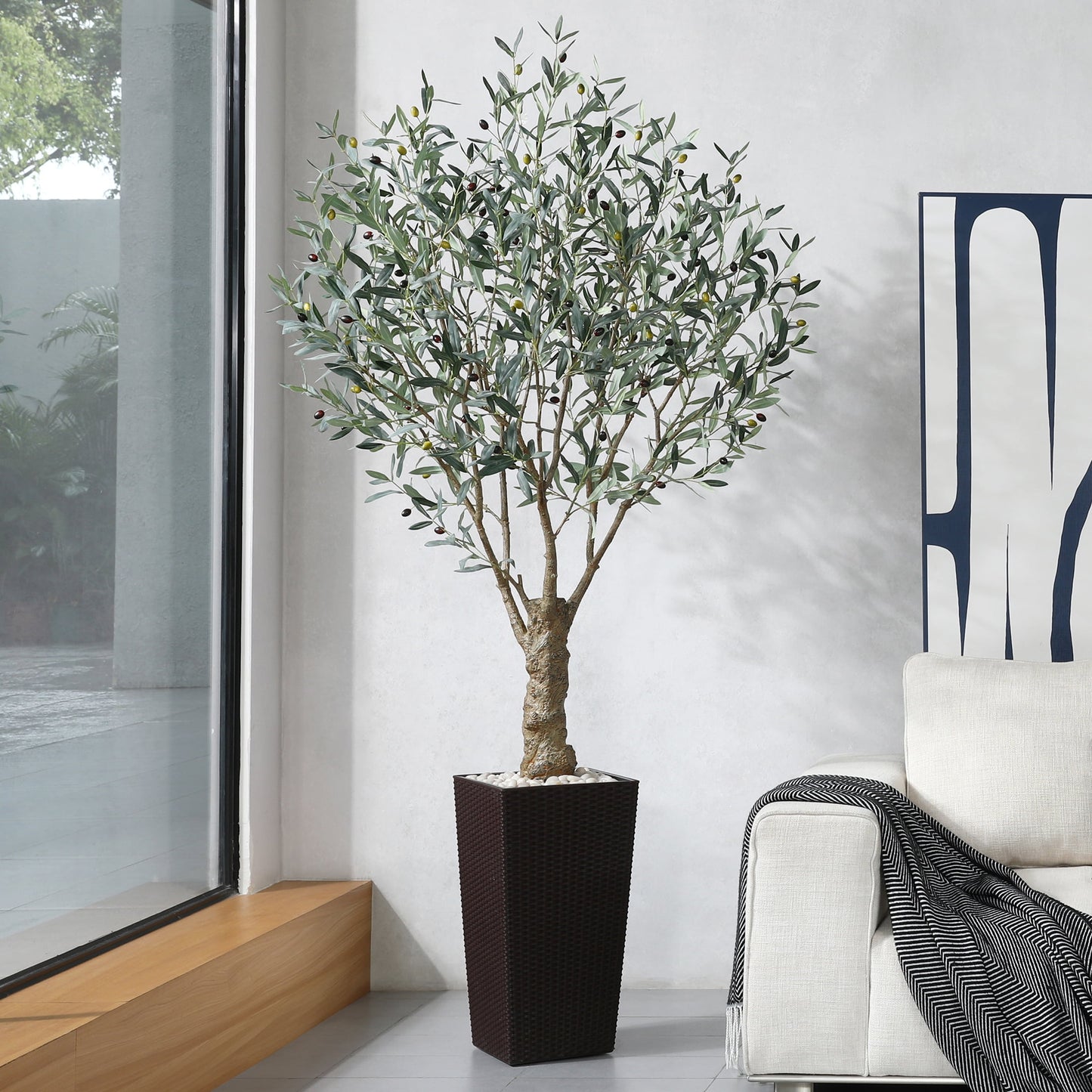 7ft UV Resistant Artificial Olive Tree with Brown Tall Planter, Pre Potted Fake Olive Tree for Indoor Outdoor Home Decor, Big Faux Plants Fake Plants for Office House Decor