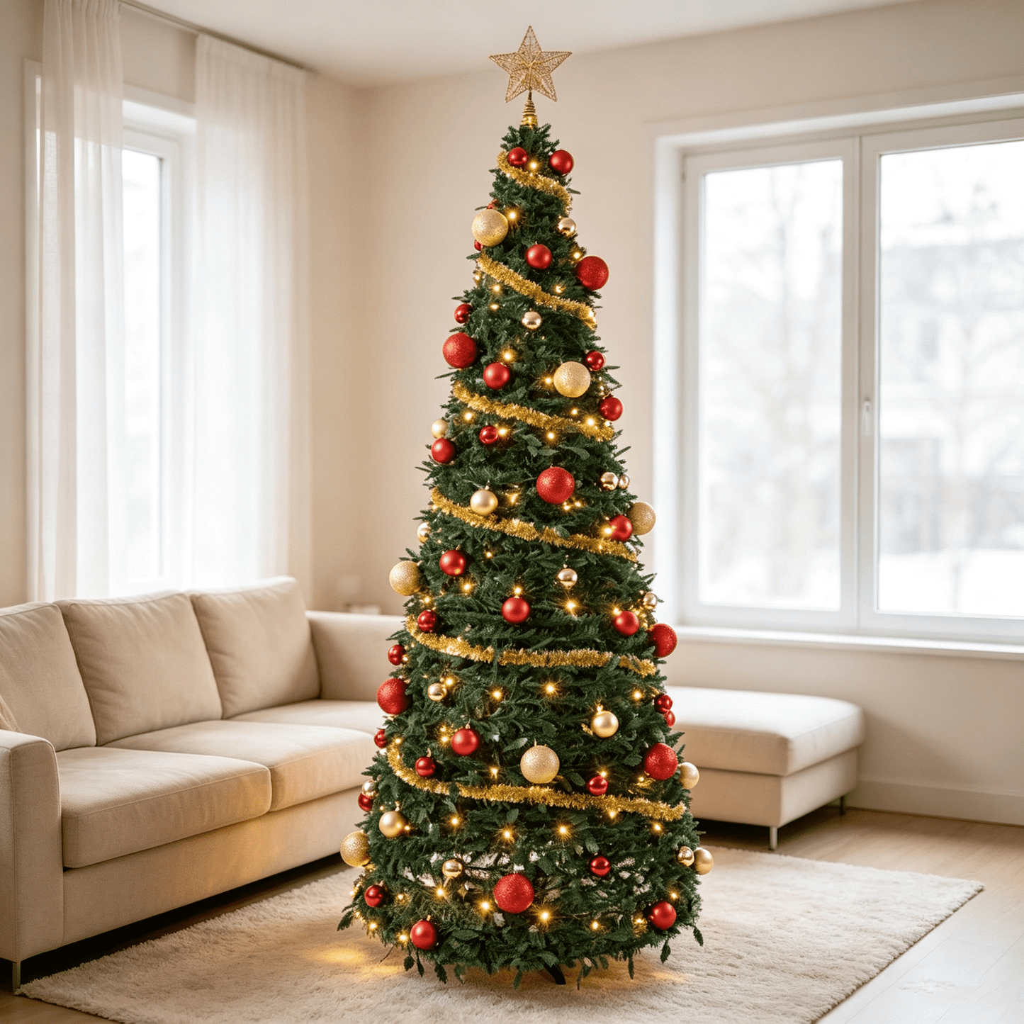 DR.Planzen 6ft Pop Up Christmas Tree with Red Ribbon, Pre-Decorated Artificial Xmas Tree with LED Lights, Foldable Collapsible with Plastic Base, Easy Assembly Holiday Decor