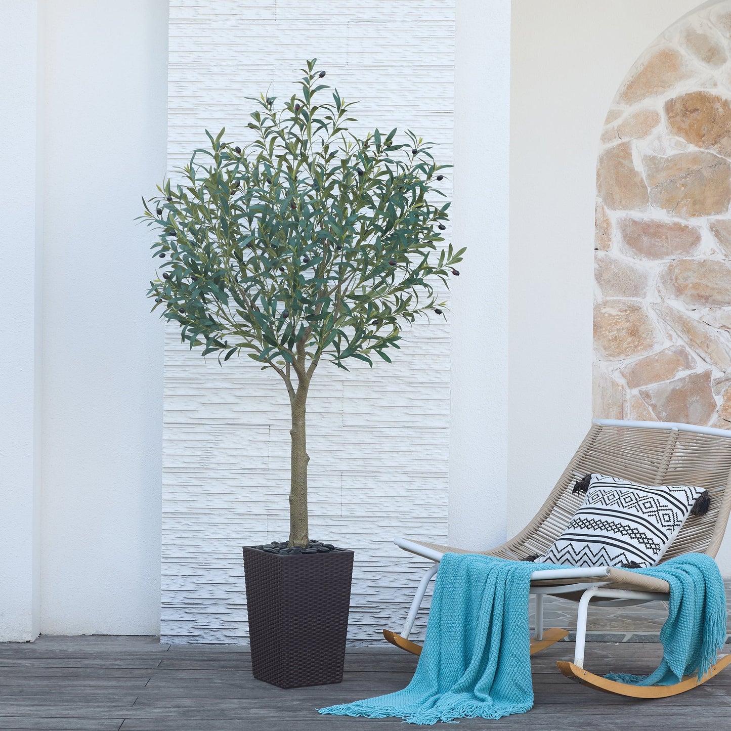 DR.Planzen UV Resistant 6ft Artificial Olive Tree in Brown Large Planter with Pebbles¨C Faux Olive Tree for Indoor and Outdoor Decor, Lifelike Greenery for Home & Garden Decor