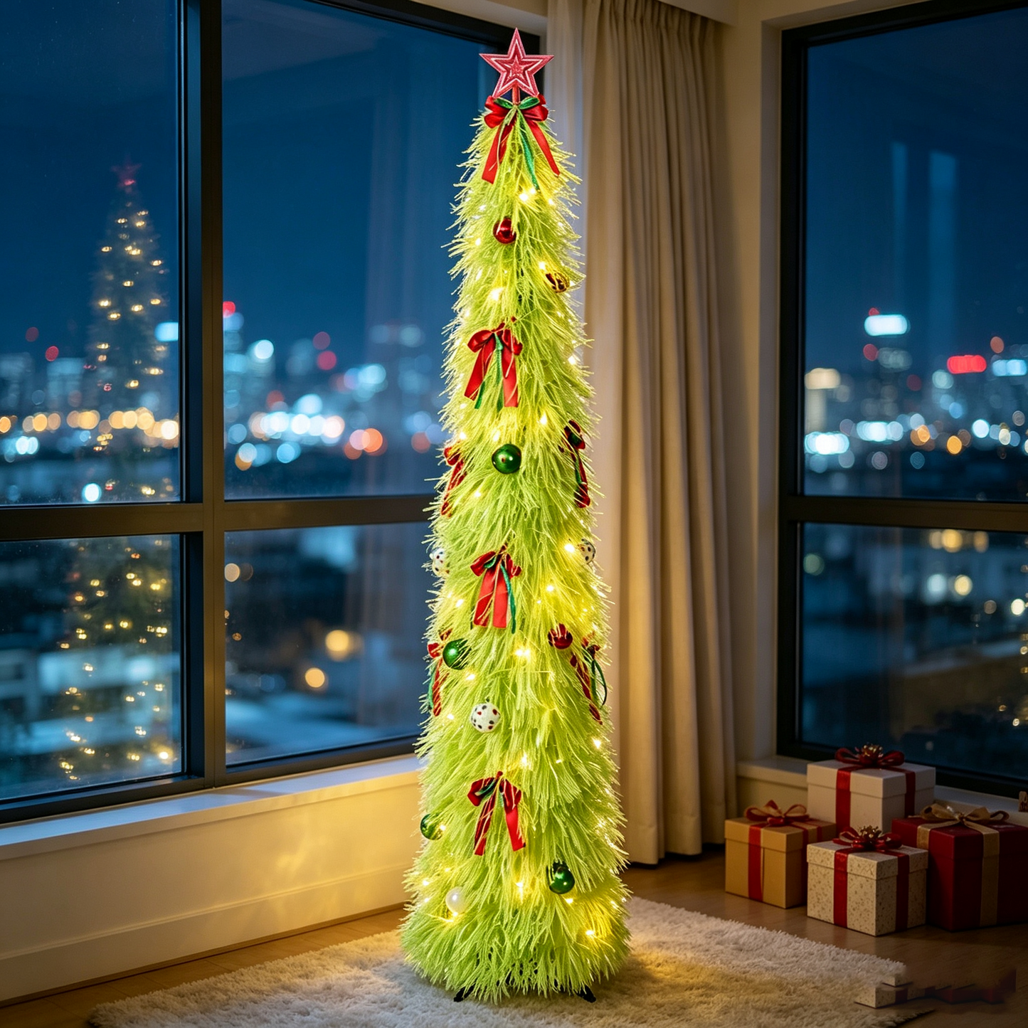 DR.Planzen 5ft Pop Up Christmas Tinsel Tree, Pre Lit Slim Christmas Tree, Green LED Pencil Tree with 50 Warm White Lights, Star Topper & Ornaments Set, Collapsible Holiday Decor