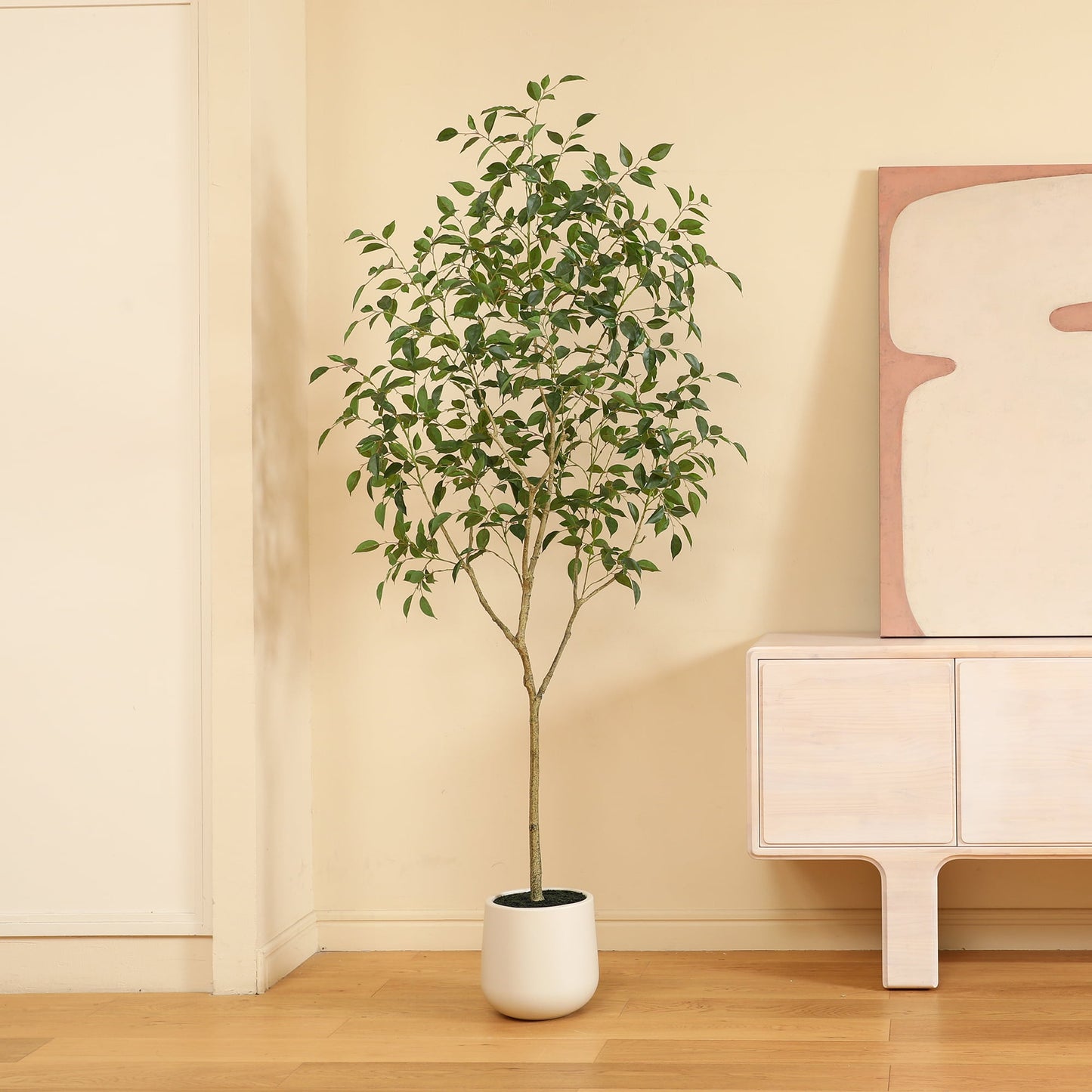 7ft Fake Ficus Tree with Oval White Planter, Pre Potted Faux Greenry Plant for Home Decor Office House Living Room Indoor Outdoor, Big Fake Plants Fake House Plants