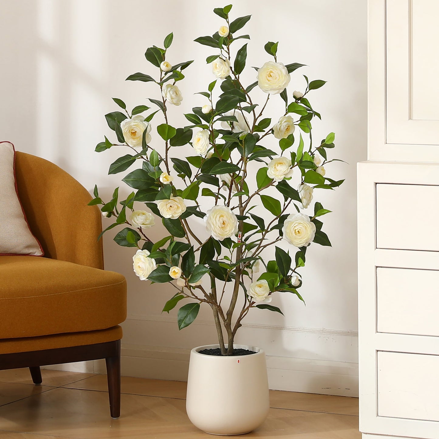4ft Artificial White Camellia Tree with 9 inch White Planter, Tall Fake Camellia Trees with White Flowers, Faux Camellia Silk Plants for Indoor, Large Plants for Home Decor