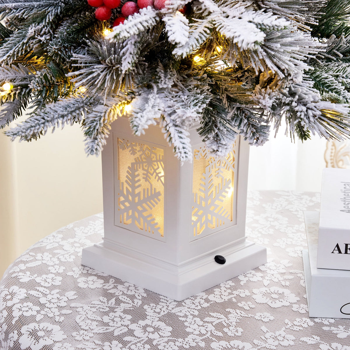 DR.Planzen 2-Pack 3FT Pre-Lit Artificial Christmas Trees, Warm White Lights, Red Berries and White Bases, Indoor Holiday Decorations