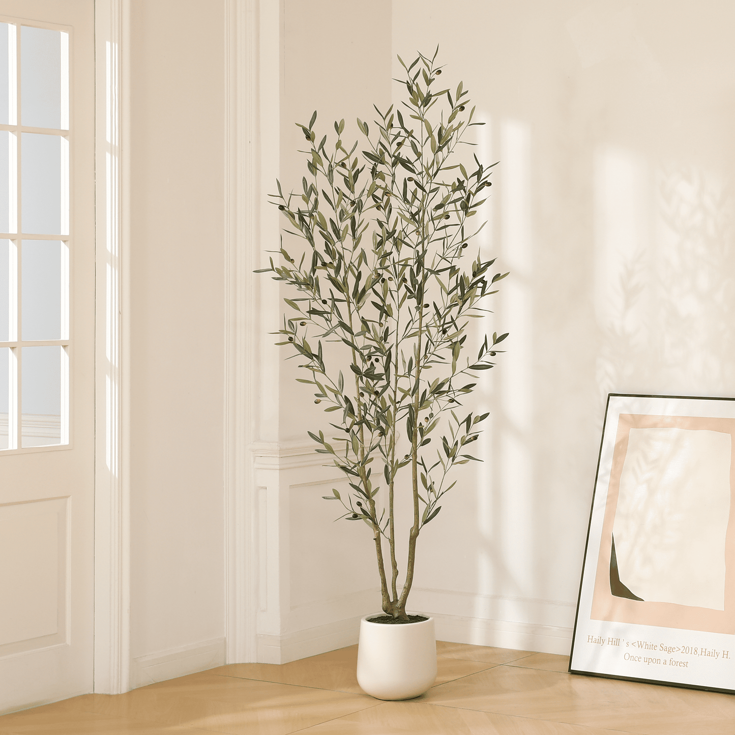 7ft Artificial Olive Tree in Large White Round Pot - Realistic Decorative Indoor Plant for Home and Office
