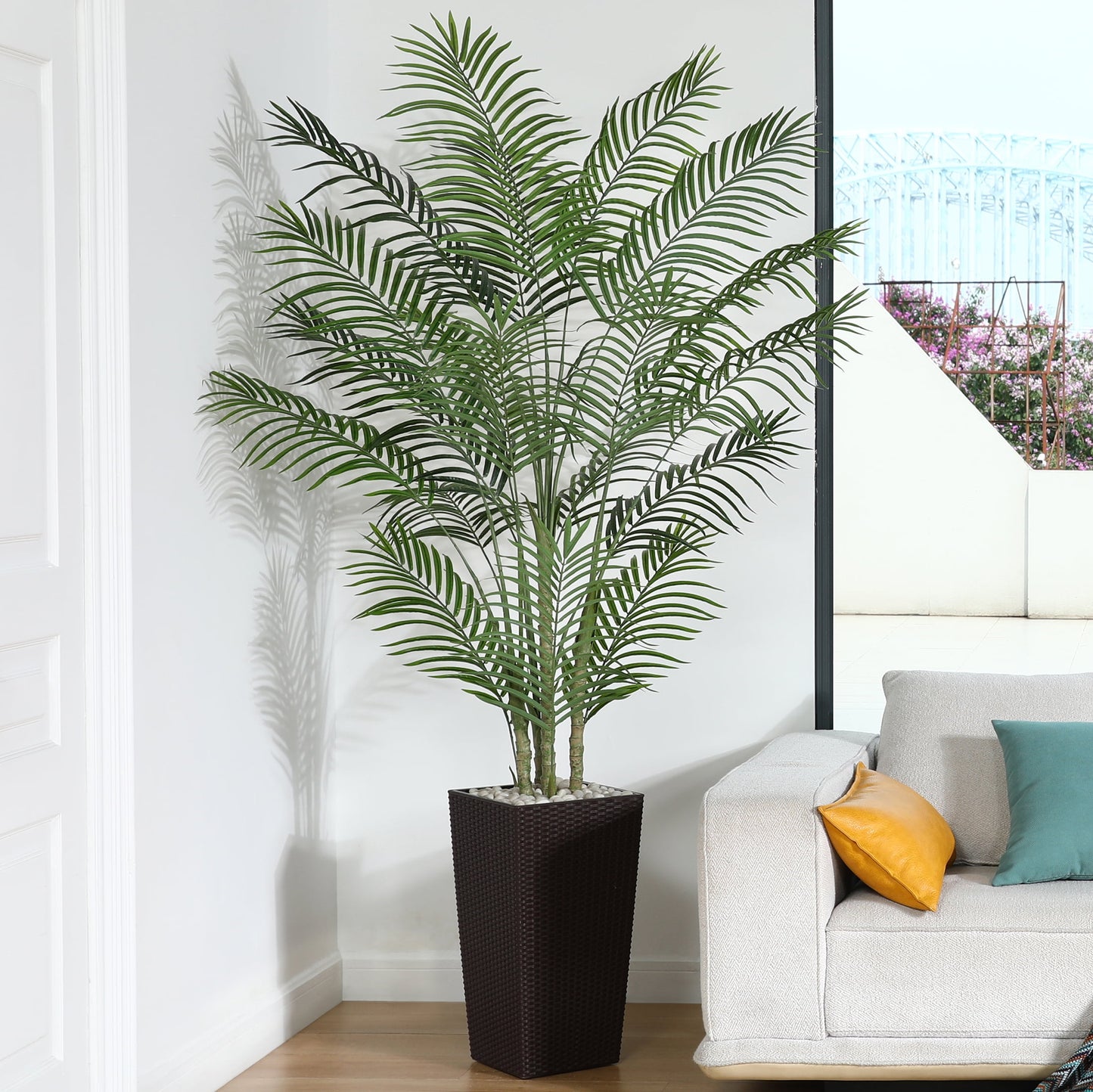 7ft UV Resistant Artificial Palm Plant with Brown Tall Planter, Pre Potted Fake Palm Plants for Indoor Outdoor Home Decor, Big Faux Plants Fake Plant for Office House Decor