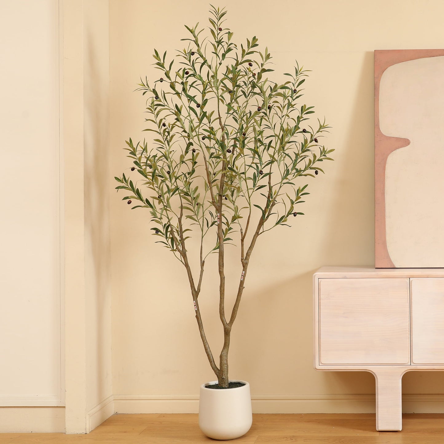 7ft Fake Plastic Olive Tree with Oval White Planter, Pre Potted Faux Greenry Plant for Home Decor Office House Living Room Indoor Outdoor, Big Fake Plants Fake House Plants