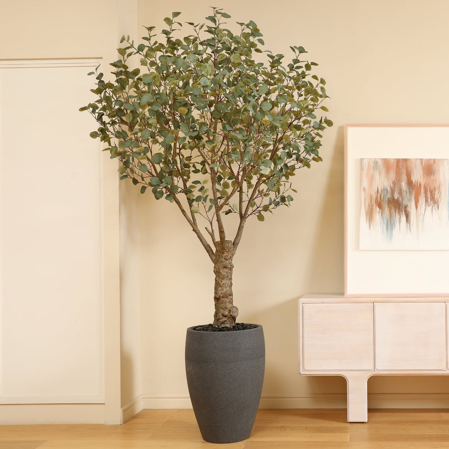 8ft UV Resistant Artificial Eucalyptus Tree with Grey Tall Planter, Pre Potted Fake Eucalyptus Tree for Indoor Outdoor Home Decor, Big Faux Plant Fake Plants for Home Decor