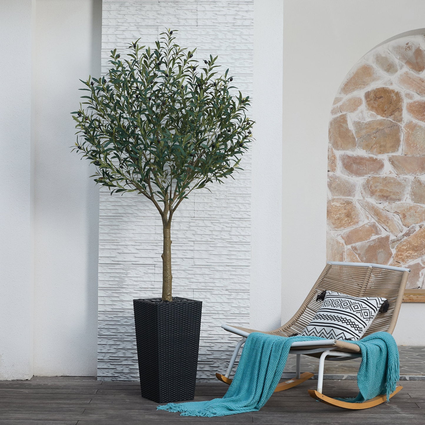 DR.Planzen UV Resistant 7ft Artificial Olive Tree in Black Large Planter with Pebbles¨C Faux Olive Tree for Indoor and Outdoor Decor, Lifelike Greenery for Home & Garden Decor