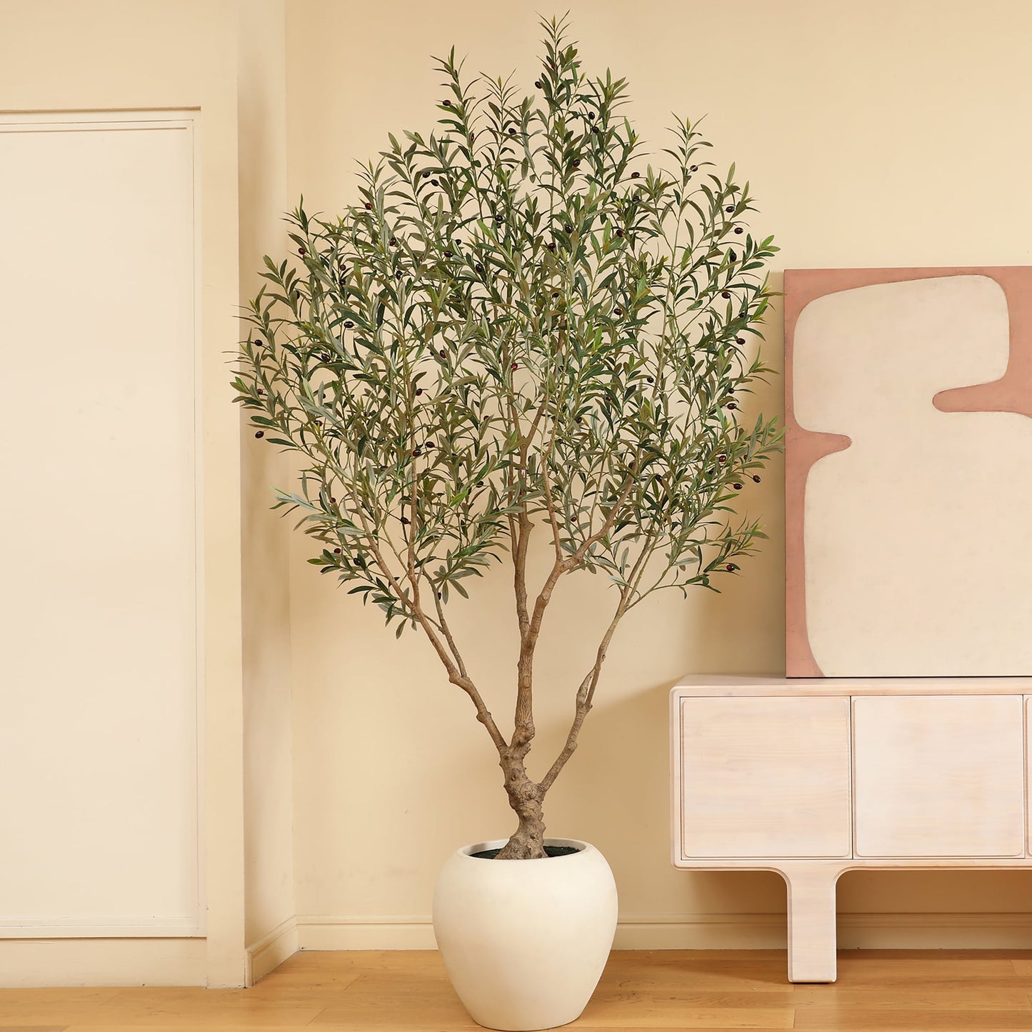 8ft Artificial Olive Tree with 18 inch White Planter, Tall Fake Olive Trees for Indoor, Faux Olive Silk Tree, Large Olive Plants for Home Decor and Housewarming Gift