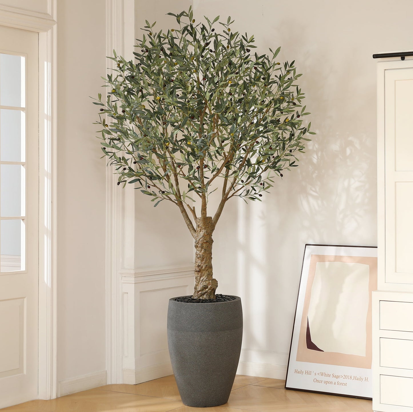 8ft UV Resistant Artificial Olive Tree with Grey Tall Planter, Pre Potted Fake Olive Tree for Indoor Outdoor Home Decor, Big Faux Plants Fake Plants for Office House Decor