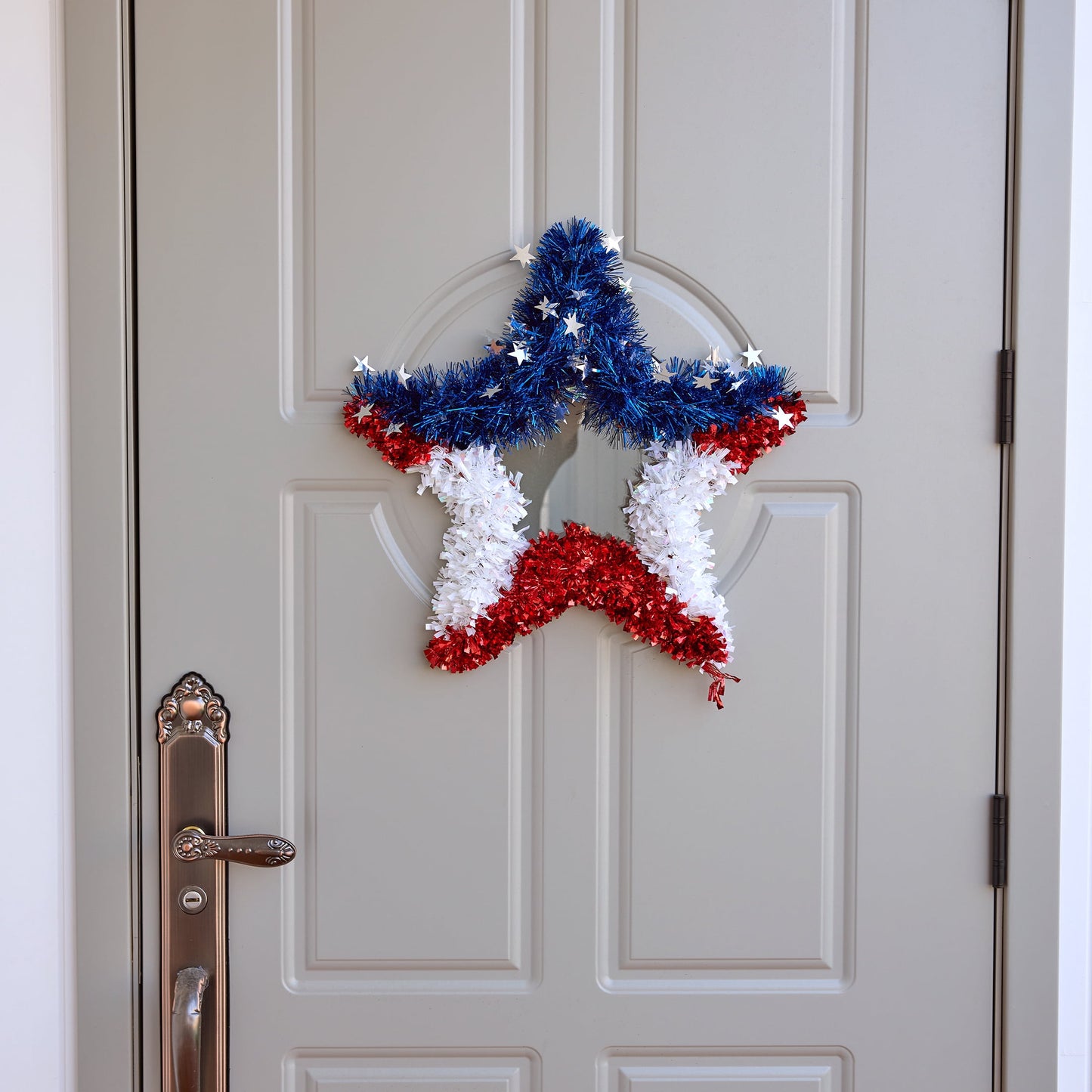 Patriotic Star Wreath 20 Inch 4th of July Wreath for Front Door - Sparkling Red White Blue Tinsel American Flag Wreath Independence Day Memorial Day Decorations Indoor Outdoor Patriotic Door Decor