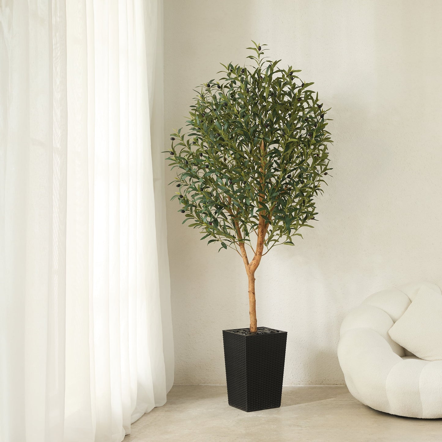 DR.Planzen UV Resistant 6ft Artificial Olive Tree with Natural Wood Branches and Realistic Silk Leaves,Faux Olive Tree for Indoor and Outdoor Decor - Black Large Planter with Pebbles